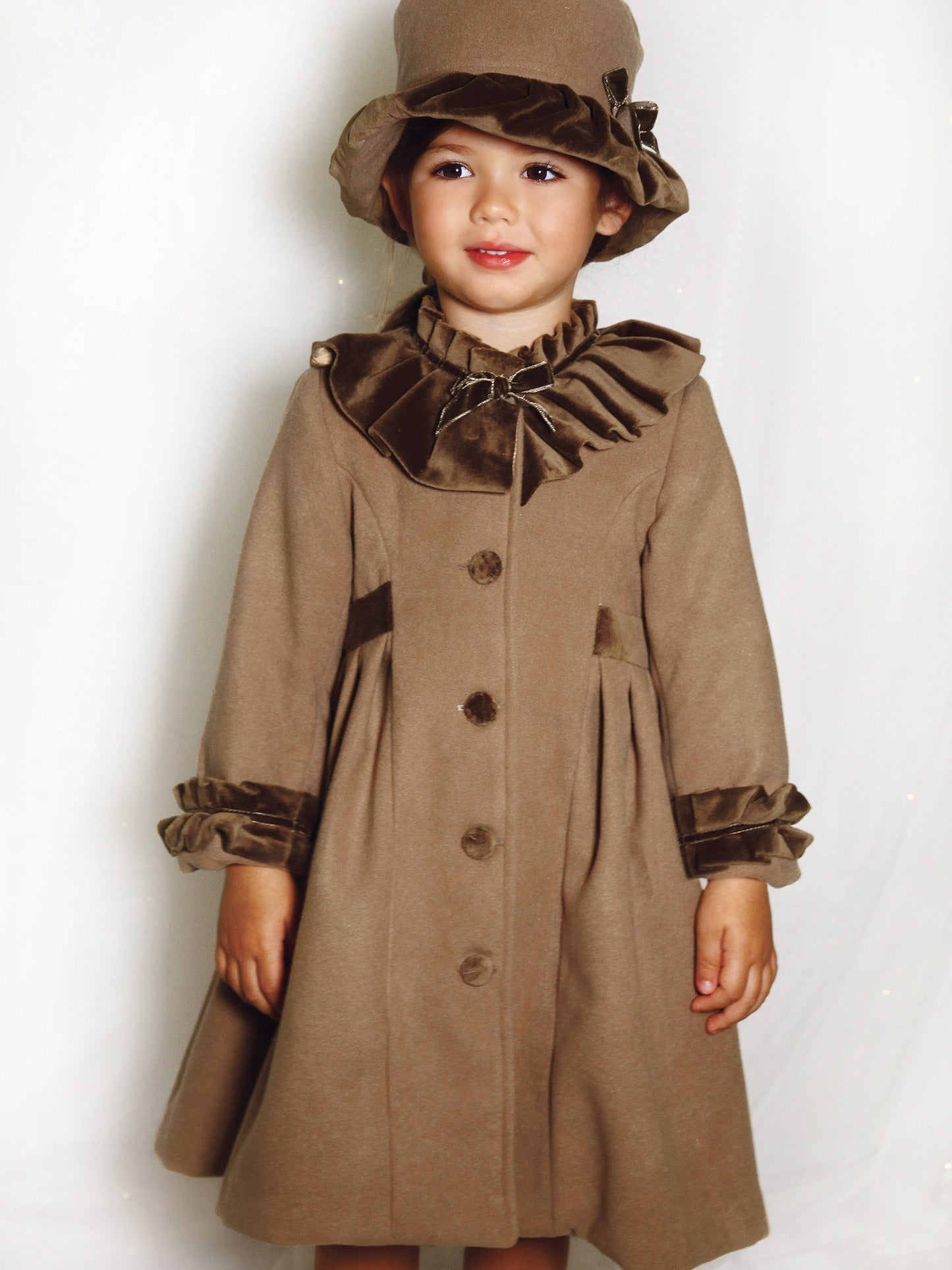 Sarah Louise Traditional velvet trimmed camel coat & hat - Rose & Albert