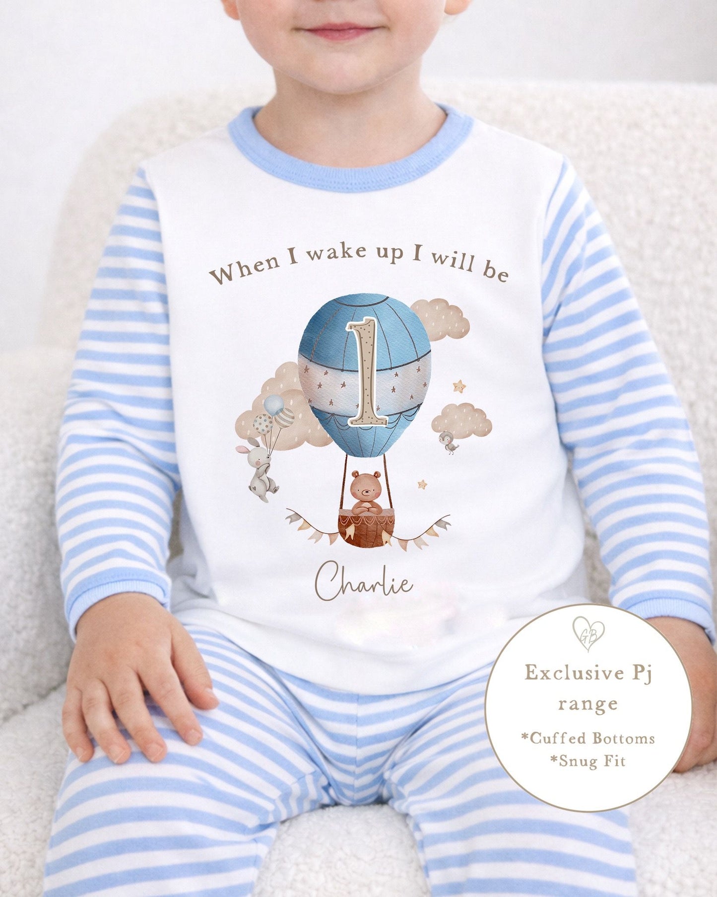Personalised Blue Stripe Birthday Pyjamas - Hot Air Balloon Design