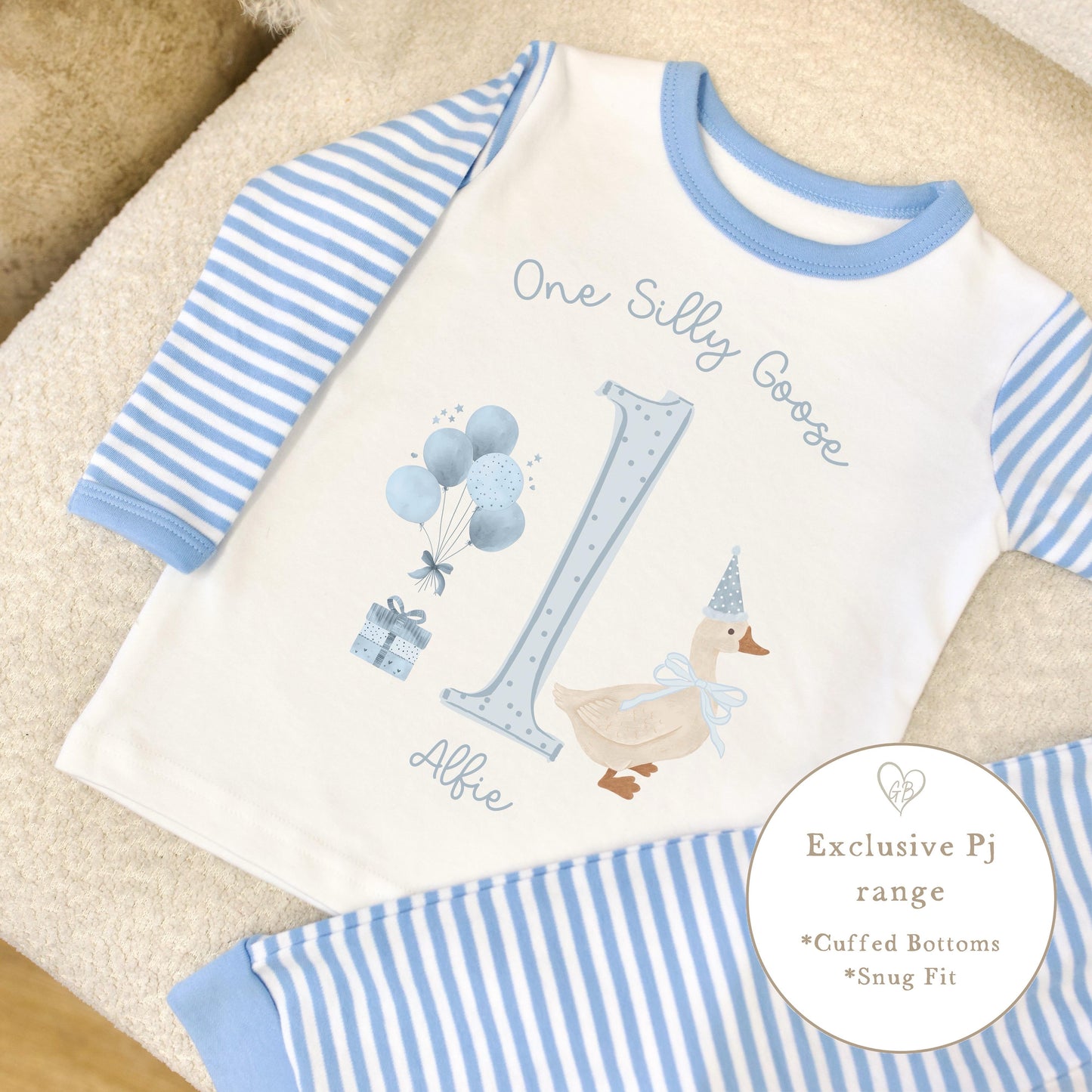 Personalised Blue Stripe Birthday Pyjamas - One Silly Goose Design