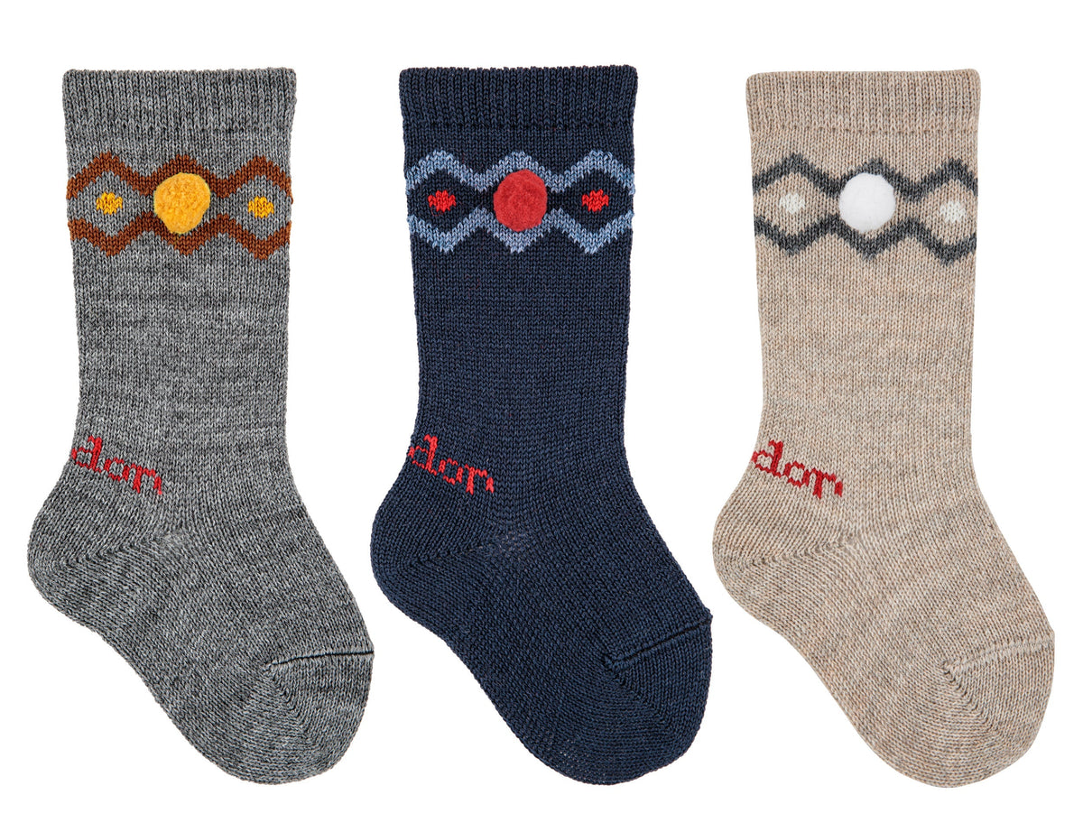 Condor Grey Patterned Pom Pom Knee Socks - Rose & Albert