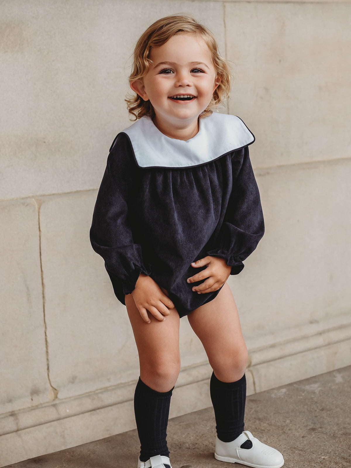'Samuel' Navy babycord sailor collar romper - Rose & Albert