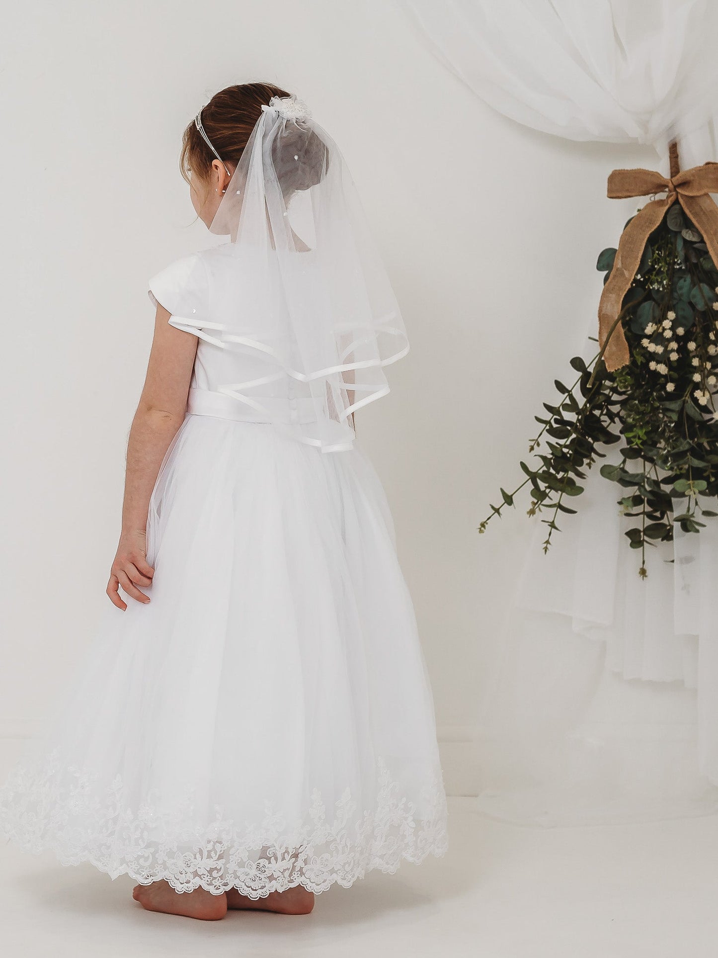 'Florence' White Pearl & Lace Communion Dress - Rose & Albert