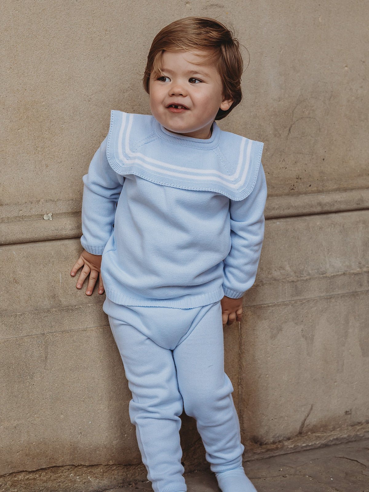 'William' baby blue & white knitted suit with sailor collar - Rose & Albert