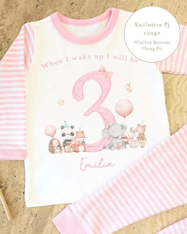 Personalised Pink Stripe Birthday Pyjamas - Woodland Party Design