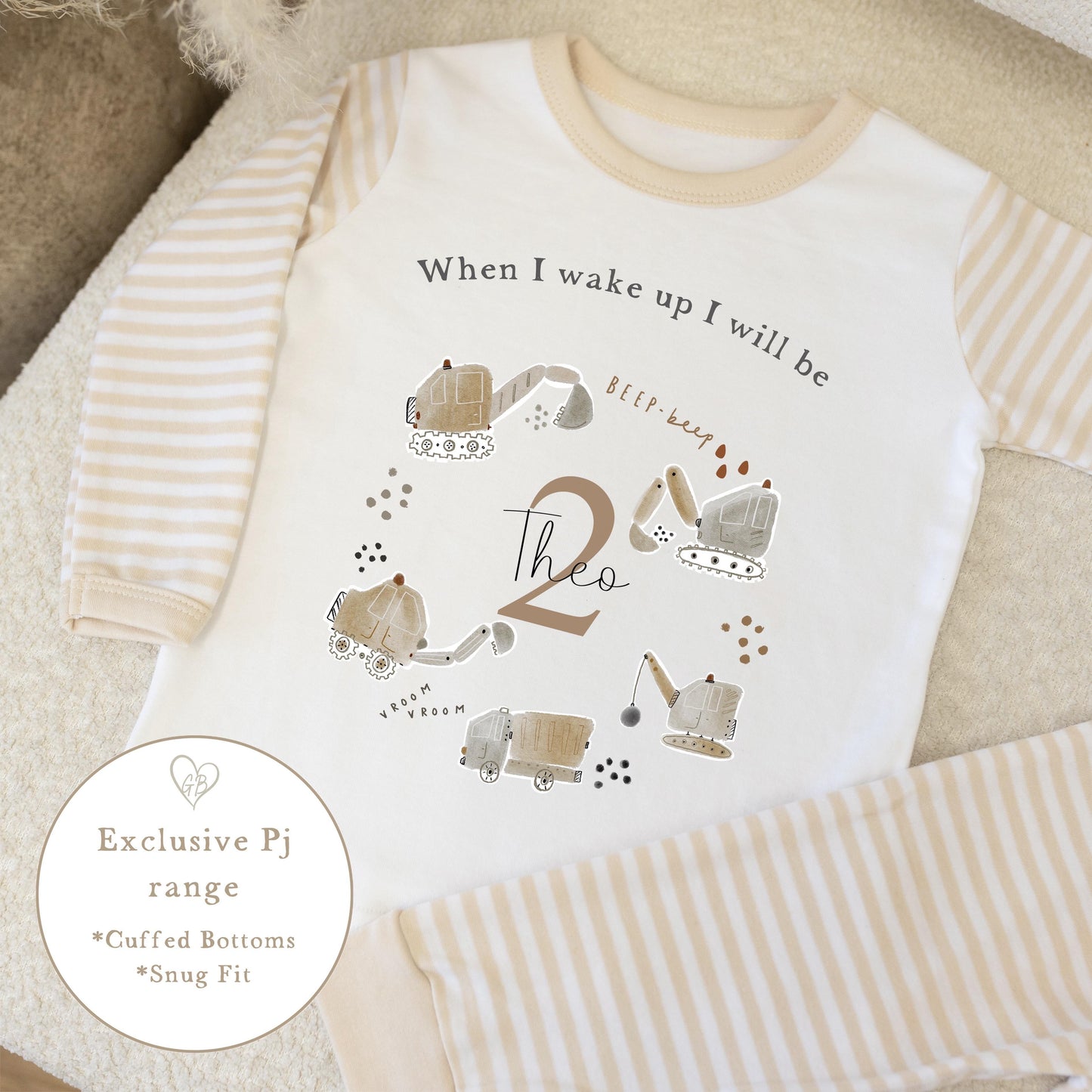 Personalised Stripe Birthday Pyjamas Digger Wreath Design