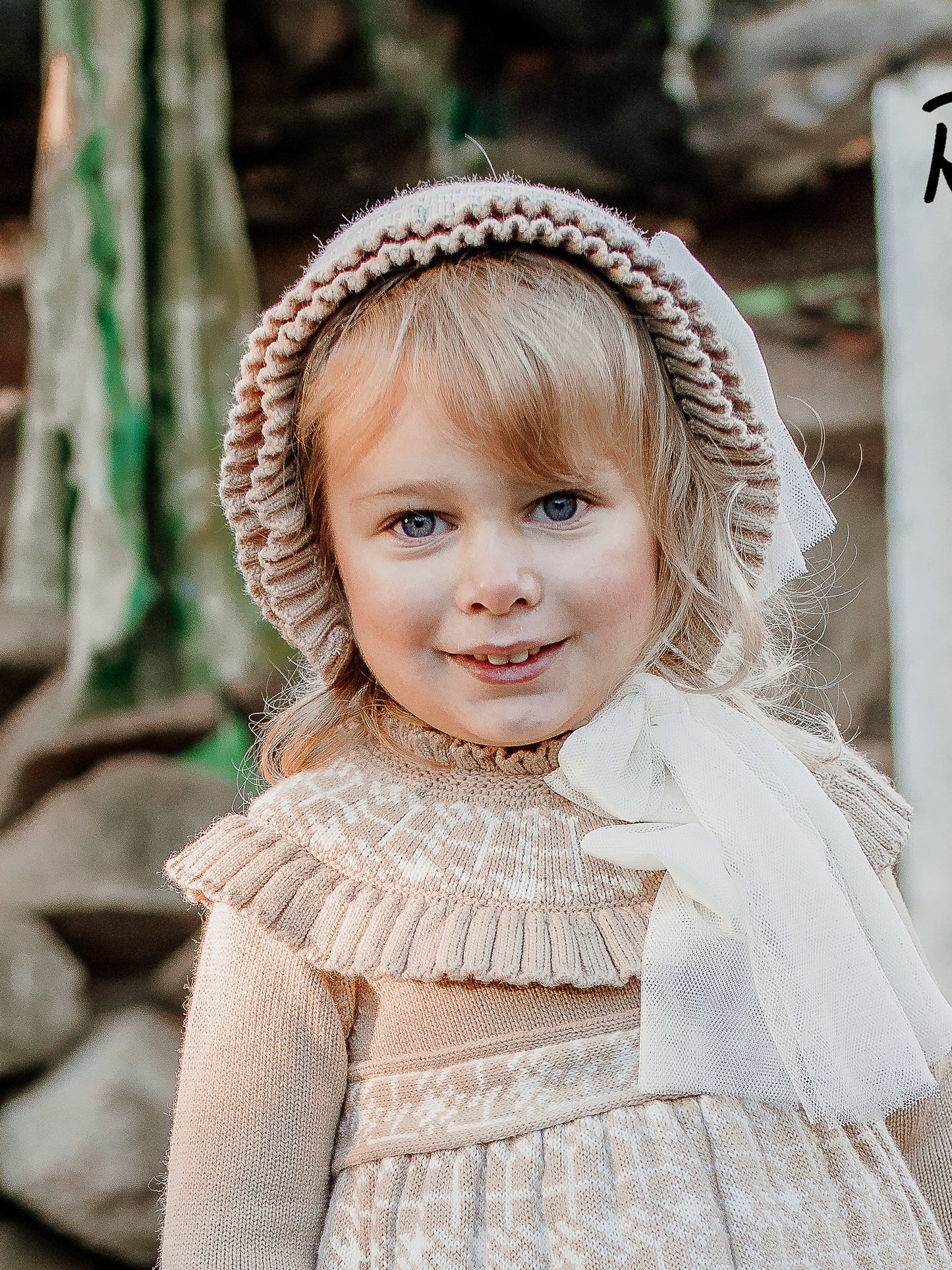 Rahigo Camel knitted bonnet with tulle bow - Rose & Albert