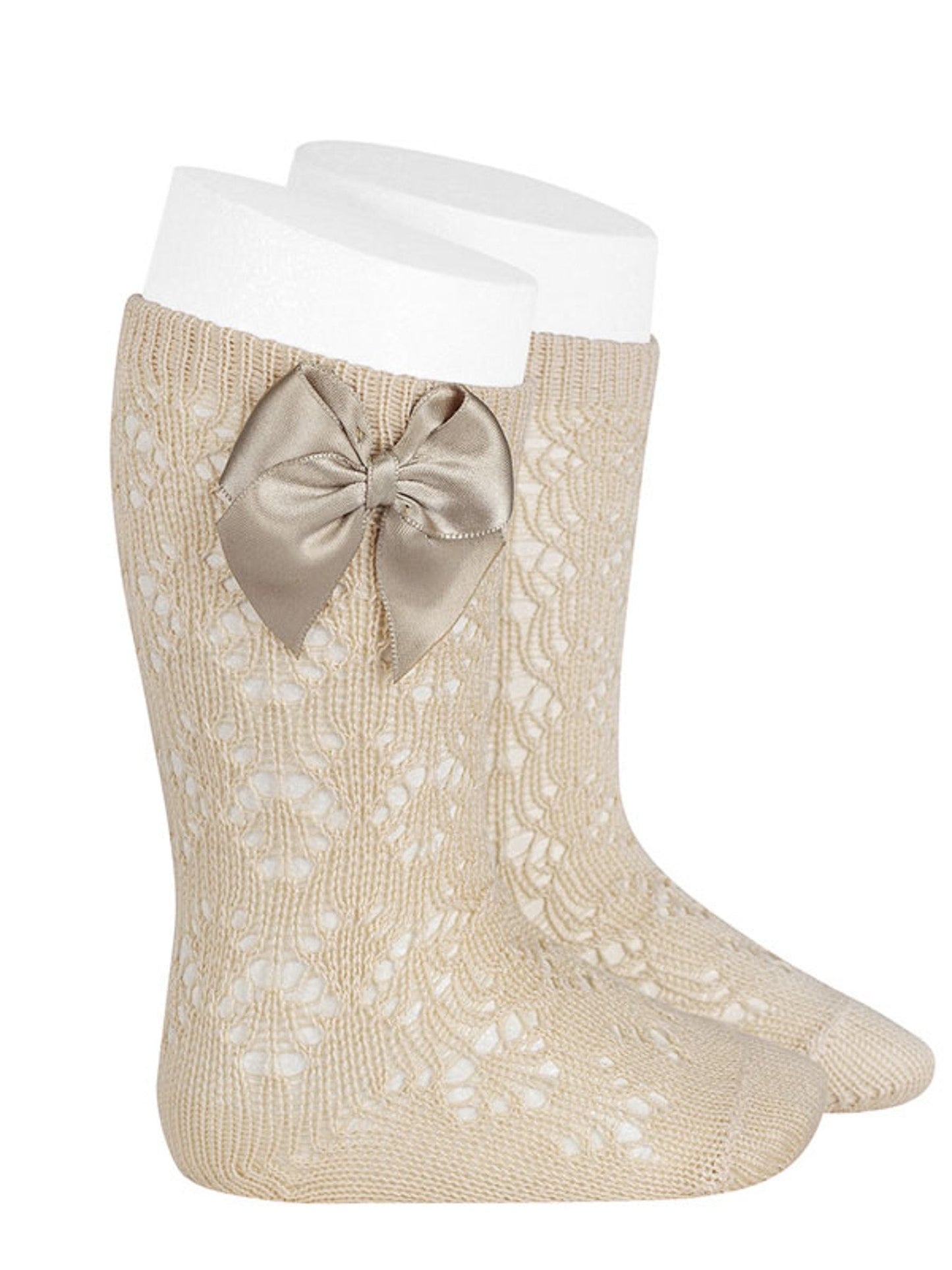 Condor beige openwork knee socks with satin bow - Rose & Albert