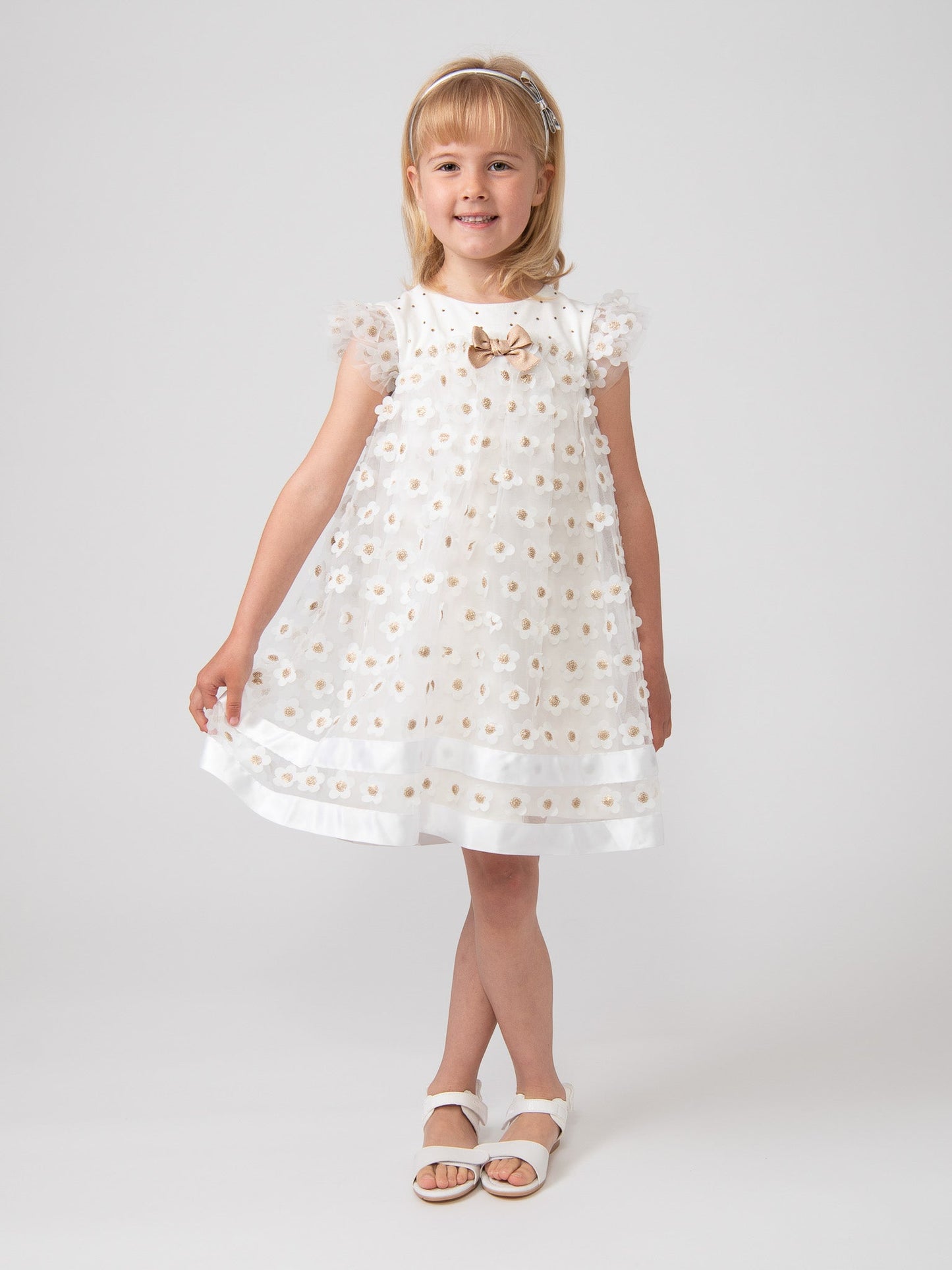 Caramelo Kids Ivory & Gold 'Daisy' Applique Dress