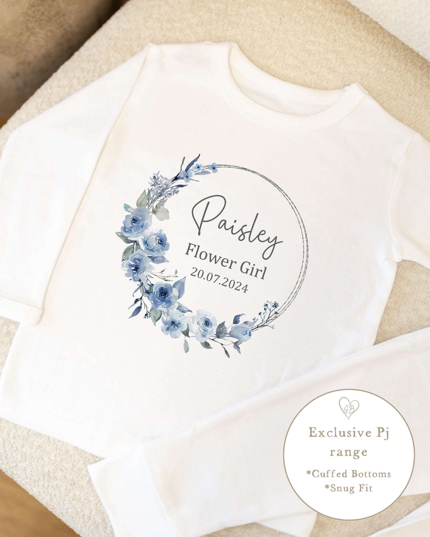 Personalised Flower Girl Pyjamas Dusky Wreath Design in Blue