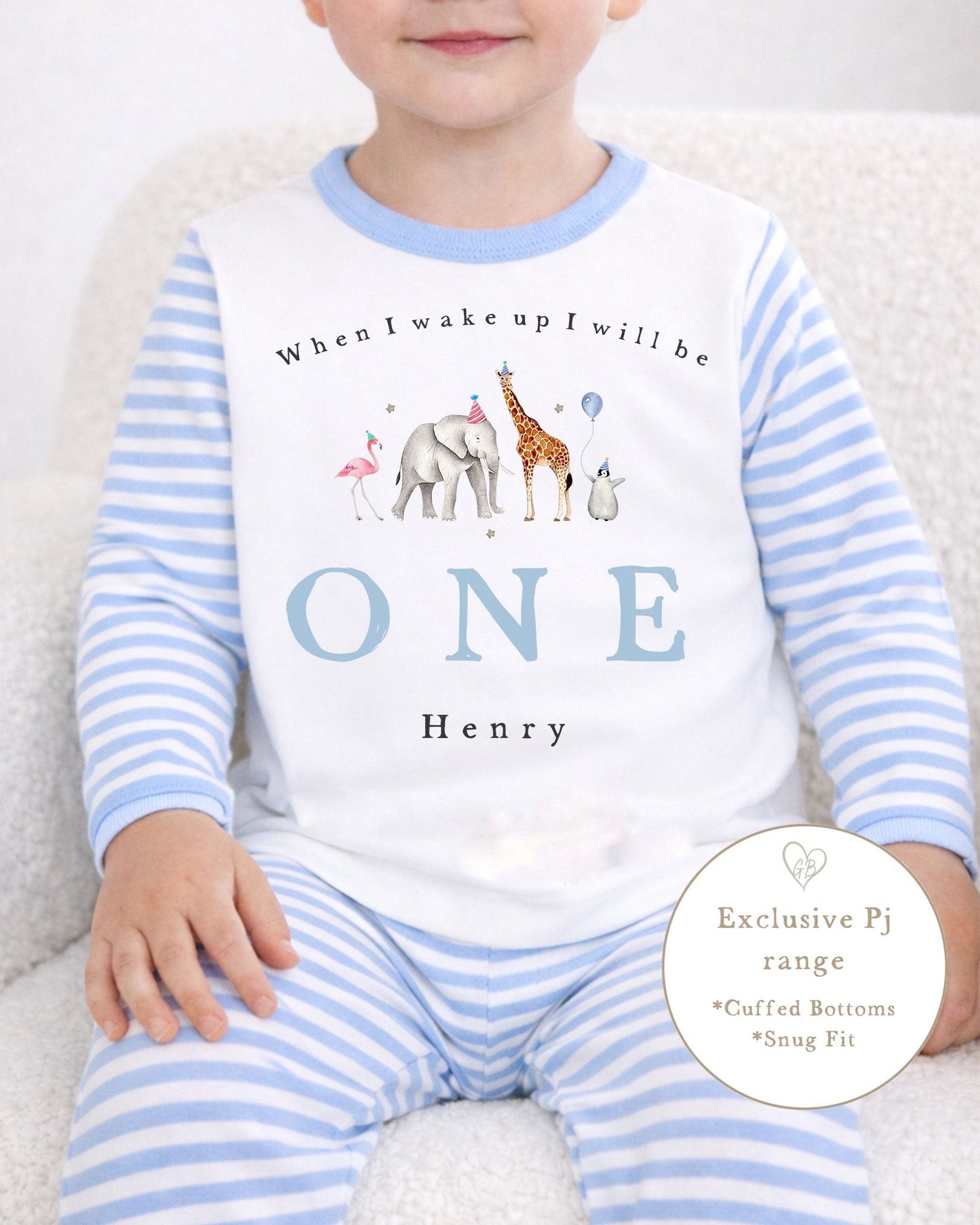 Personalised Blue Stripe Birthday Pyjamas - Safari Design