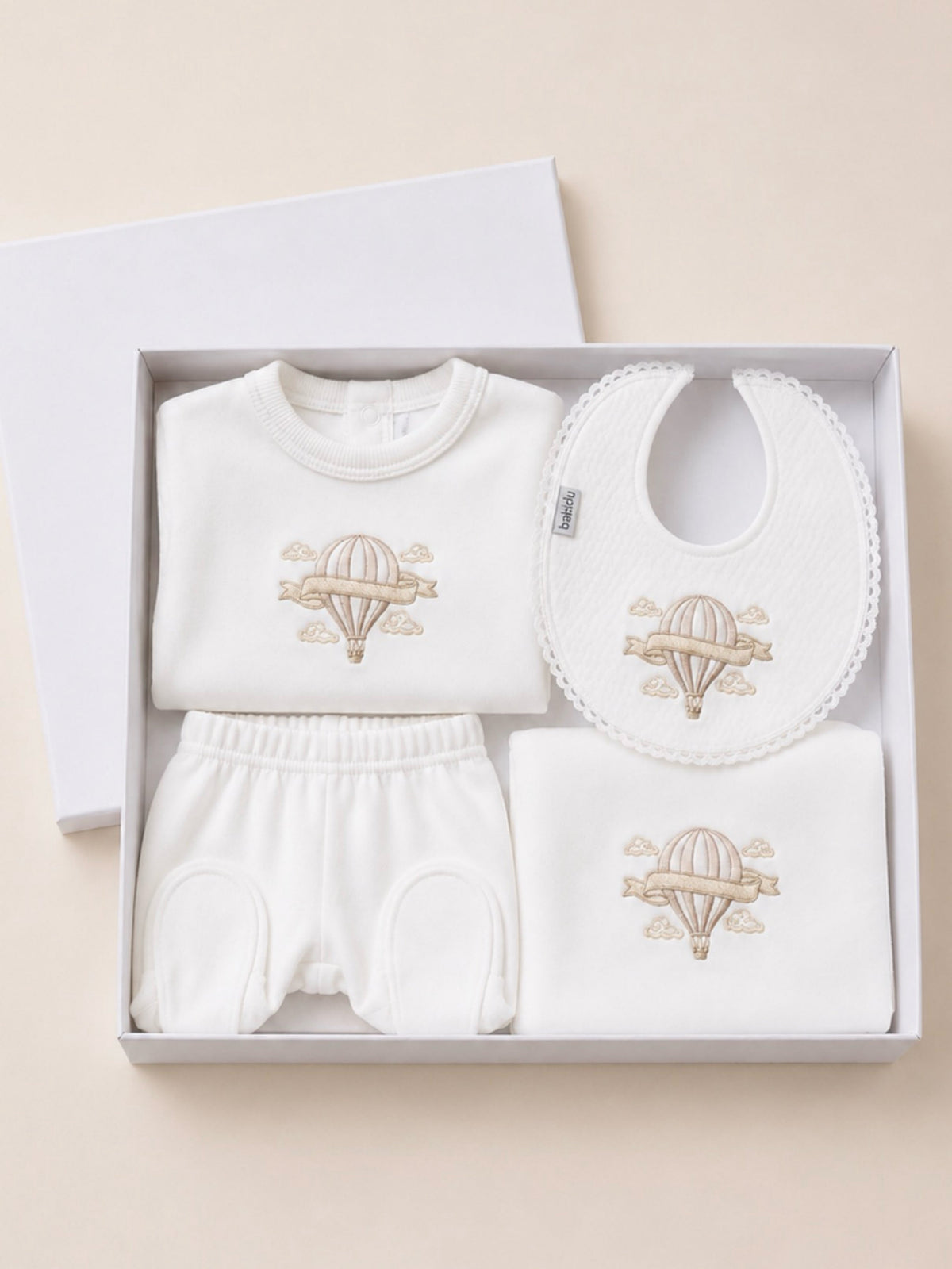 Luxe white hot air balloon embroidered gift set - Rose & Albert