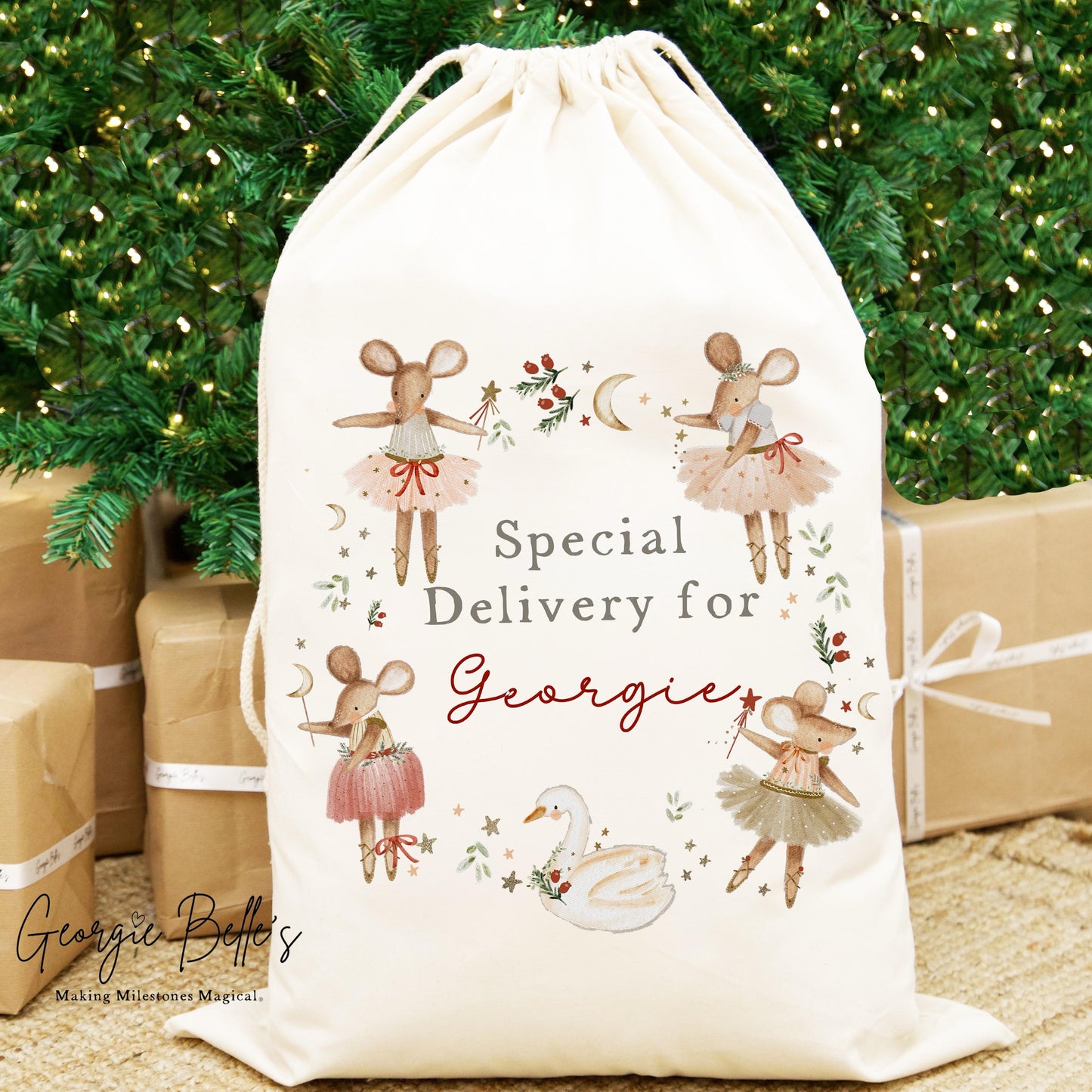 Personalised Plain White Christmas Pyjamas - Red Ballerina Mice Wreath Design