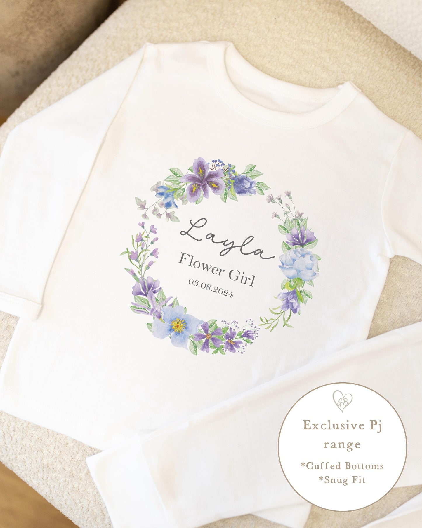 Personalised Flower Girl Pyjamas - Lilac Wreath Design