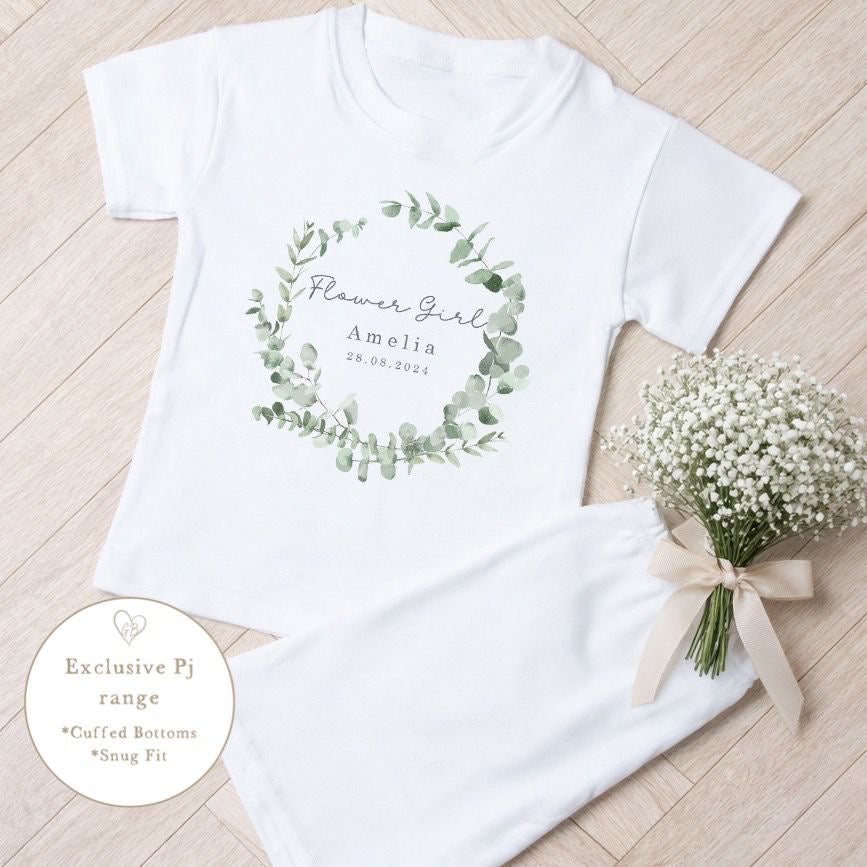 Personalised Flower Girl Short Set Pyjamas Eucalyptus Wreath Design