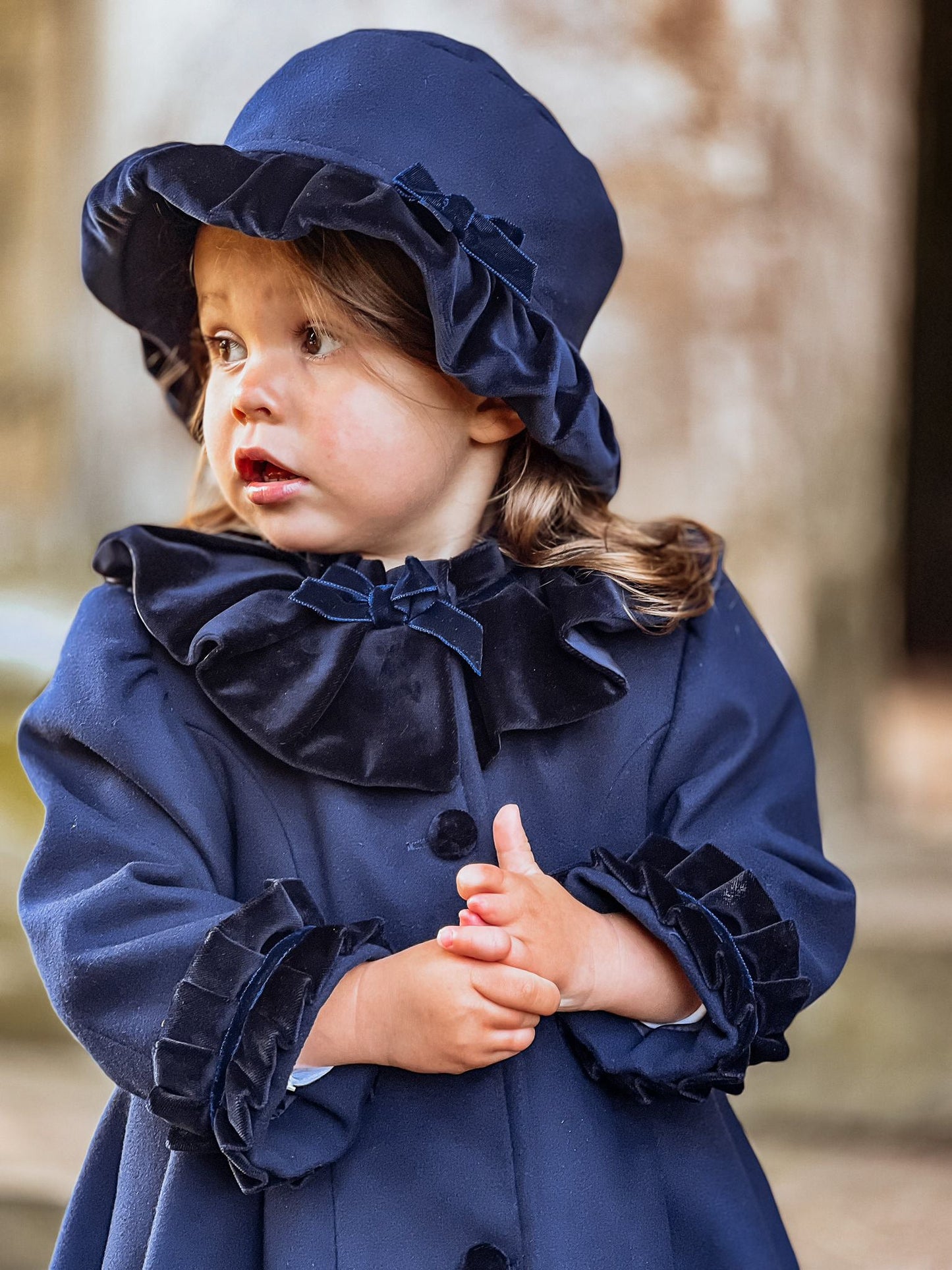 Sarah Louise Traditional velvet trimmed navy coat & hat