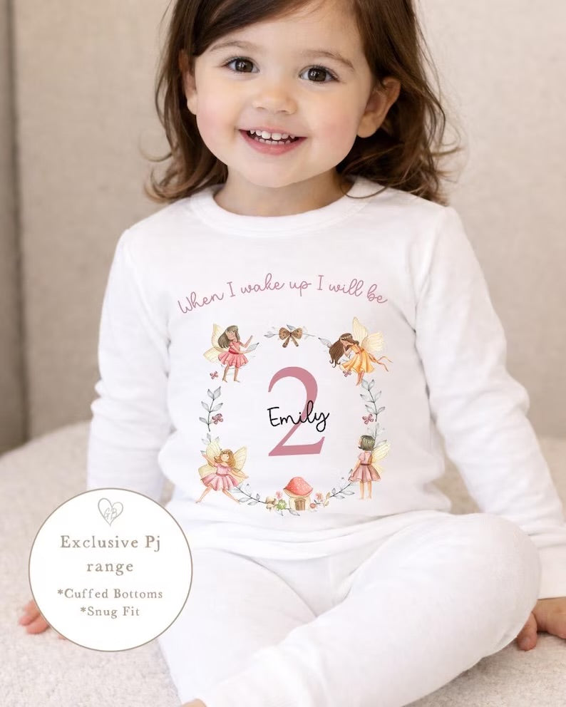 Personalised Plain Birthday Pyjamas Fairy Wreath Design in White