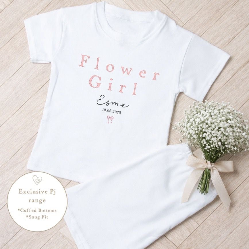 Personalised Flower Girl Short Set Pyjamas Glower Girl Design in Pink