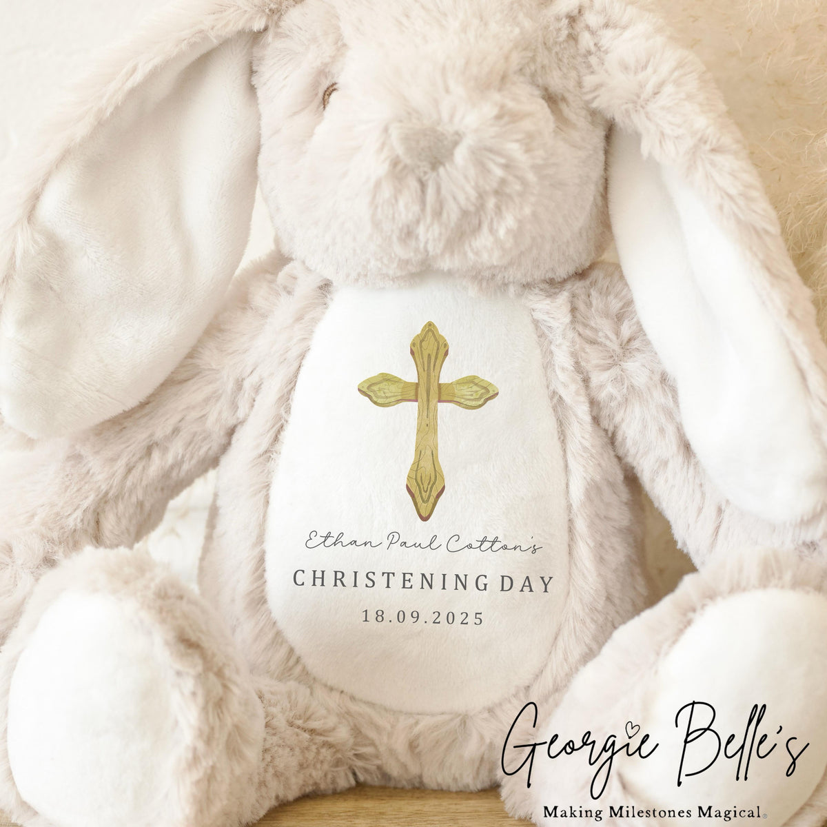 Personalised Christening Beige Bunny - Gold Cross Design