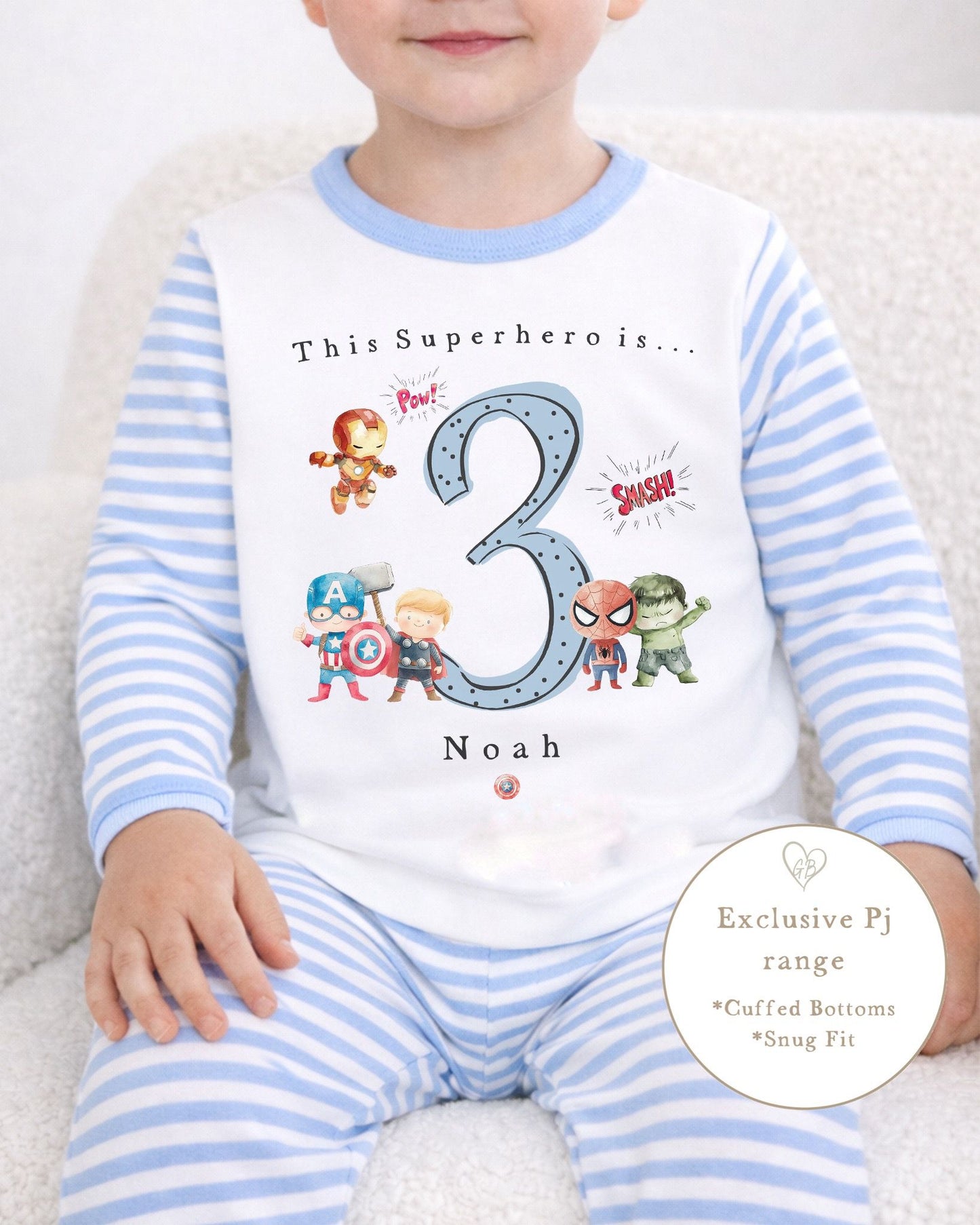 Personalised Blue Stripe Birthday Pyjamas - Superhero Design