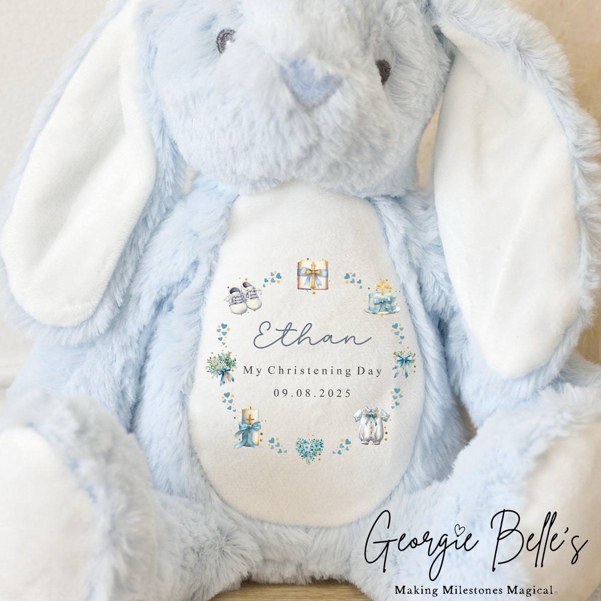 Personalised Christening Blue Bunny - Blue Wreath Design