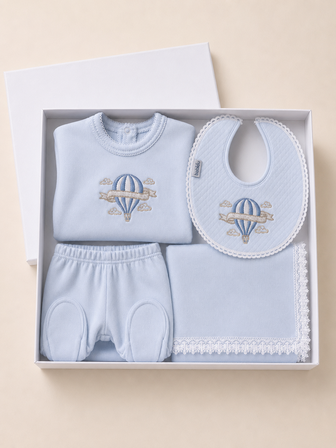 Luxe blue hot air balloon embroidered gift set - Rose & Albert