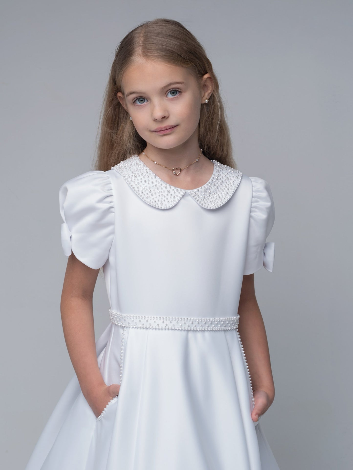 'Isabella' White Pearl trim Communion Dress - Rose & Albert