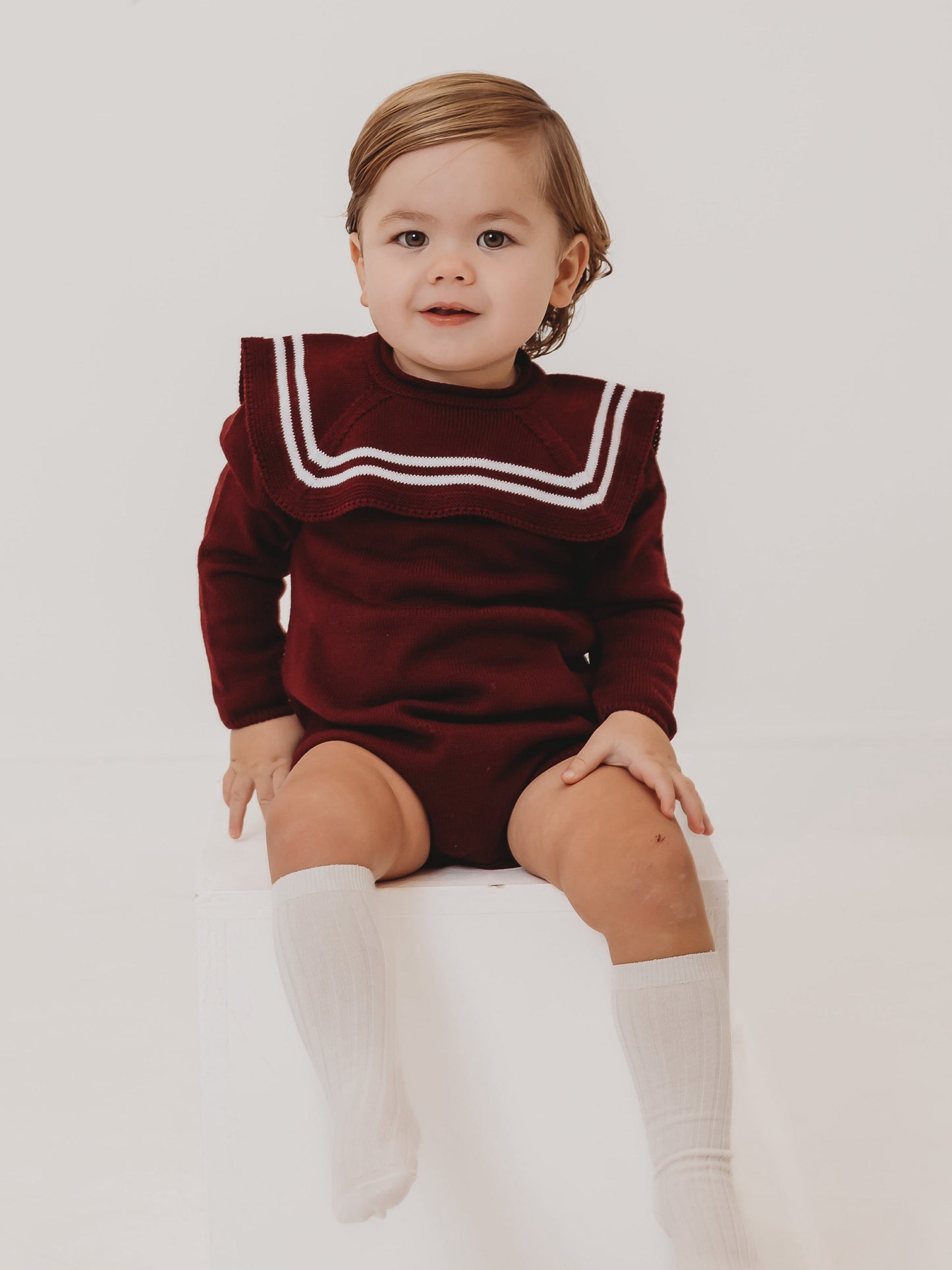 'Charlie' burgundy & ivory knitted romper with sailor collar - Rose & Albert