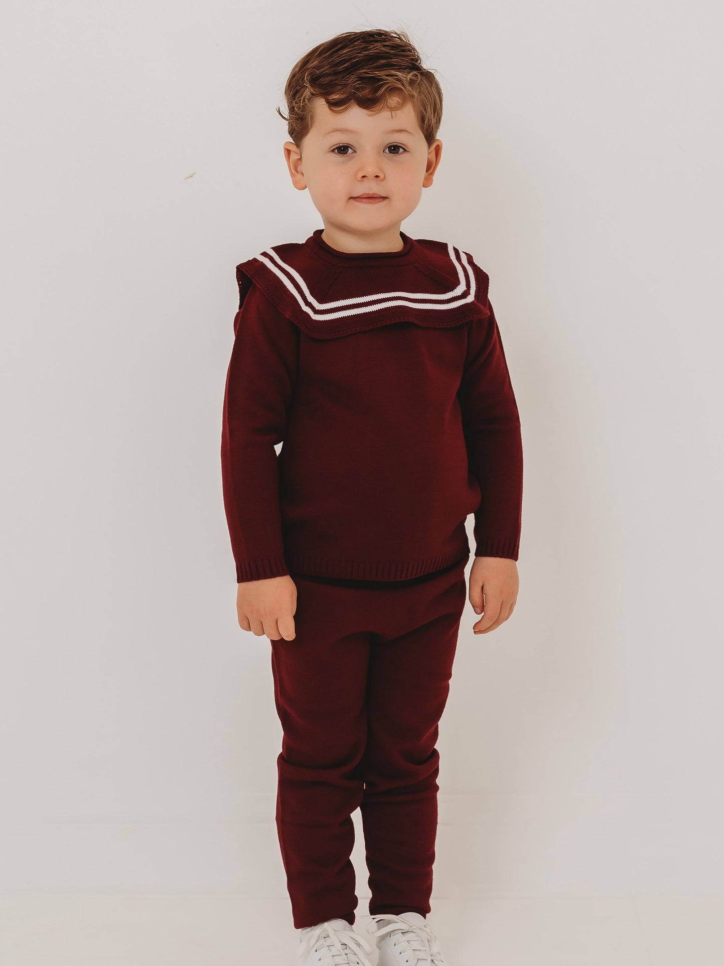 'Alfie' burgundy & ivory knitted suit with sailor collar - Rose & Albert