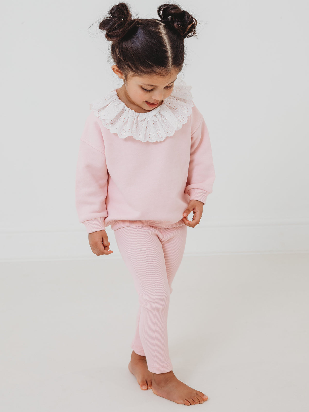 Maeve Pink broiderie anglais frill collar top & ribbed legging set - Rose & Albert