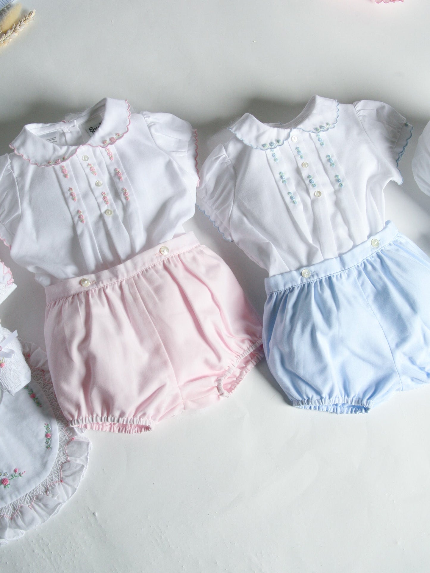 Sarah Louise Blue Rosebud Embroidered Bloomer & Blouse Set - Rose & Albert