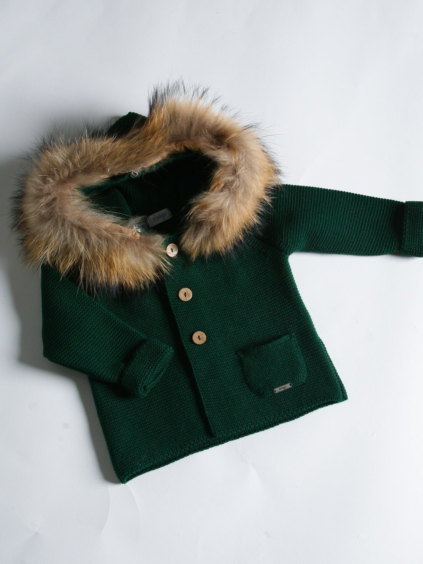 Rahigo bottle green knitted cardigan with fur hood - Rose & Albert