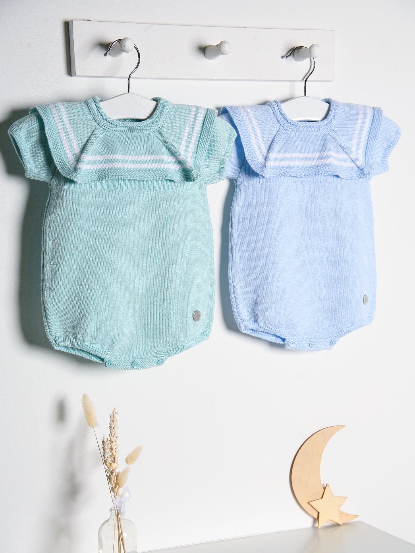 'Beau' mint & white knitted romper with sailor collar - Rose & Albert