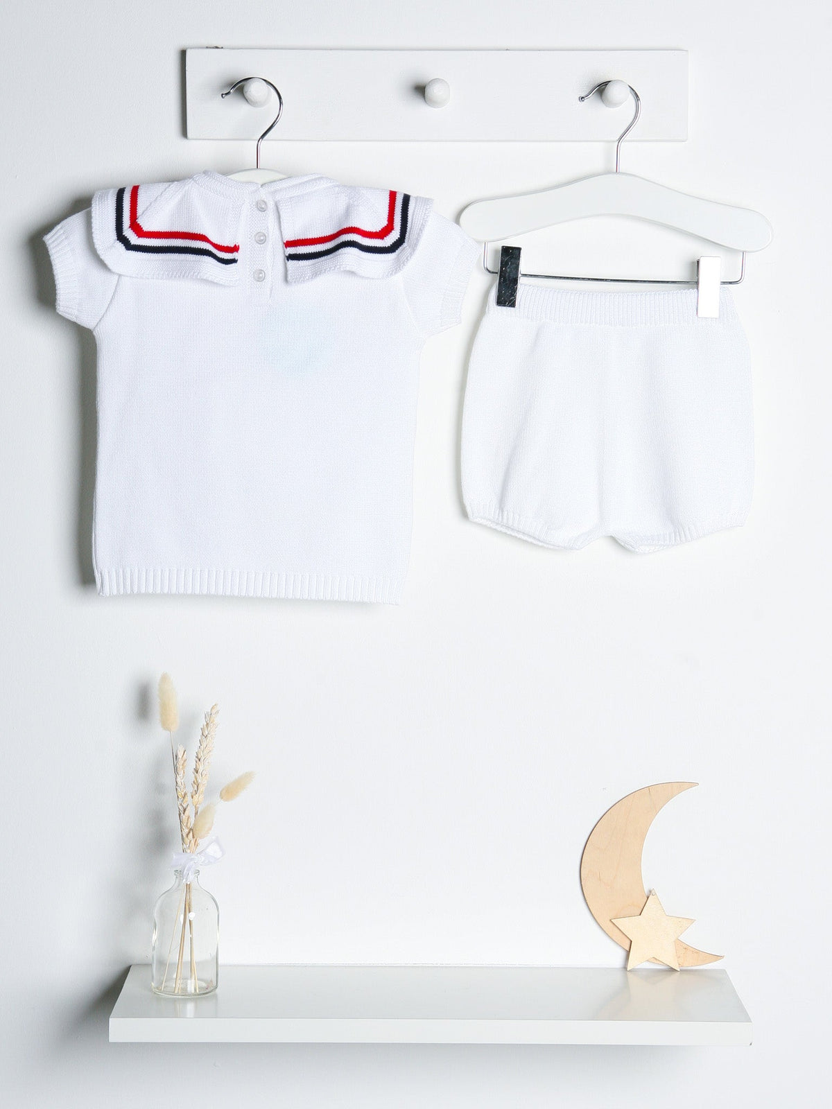 'Oscar' white, navy & red knitted short set with sailor collar - Rose & Albert