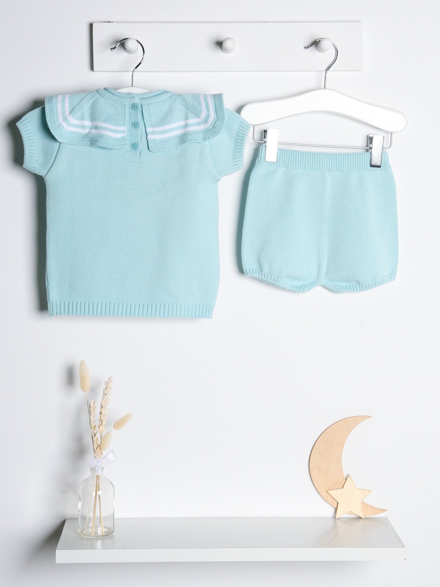 'Freddie' mint & white knitted short set with sailor collar - Rose & Albert