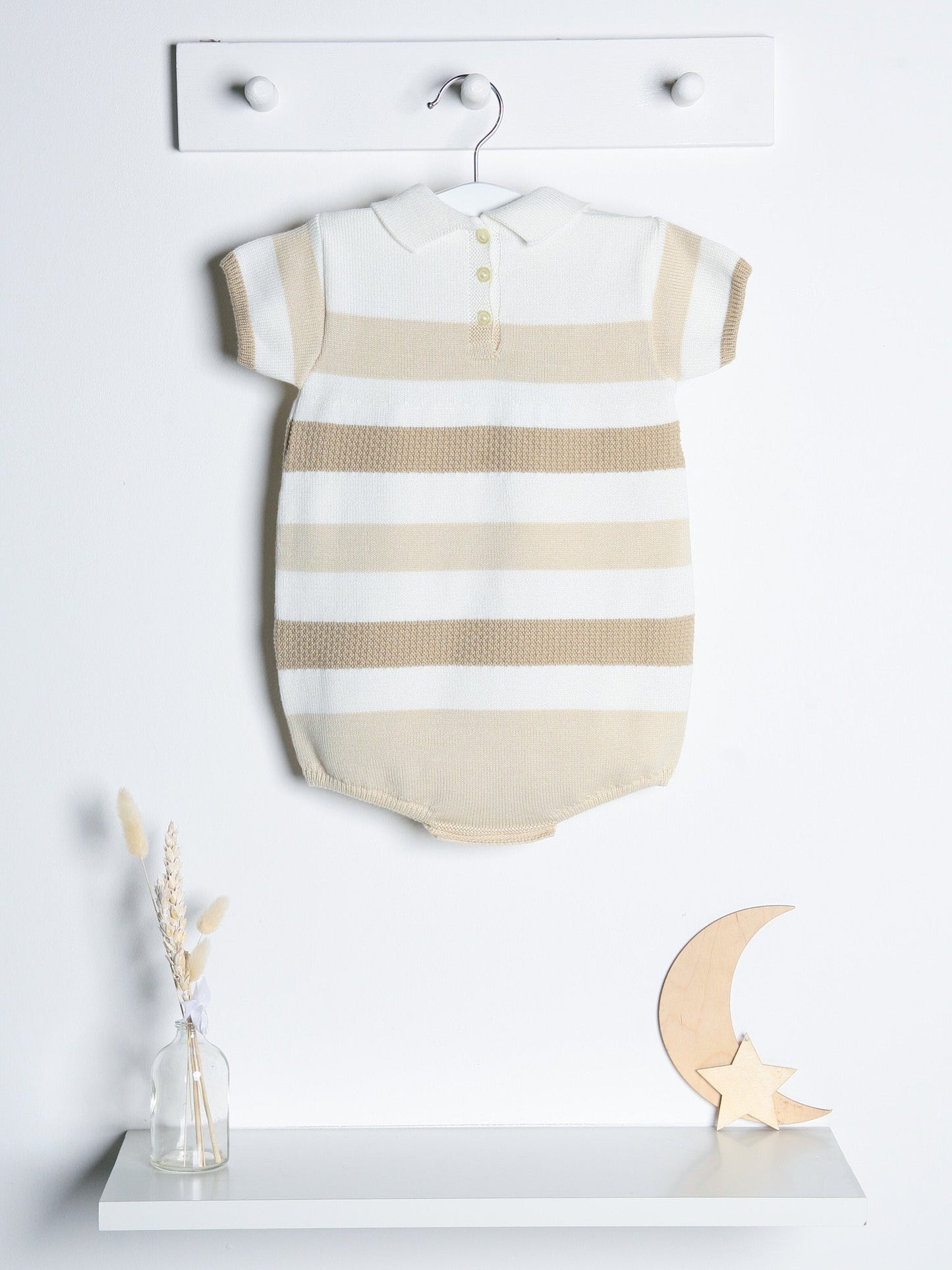 'Miles' beige stripe knitted romper with polo collar - Rose & Albert