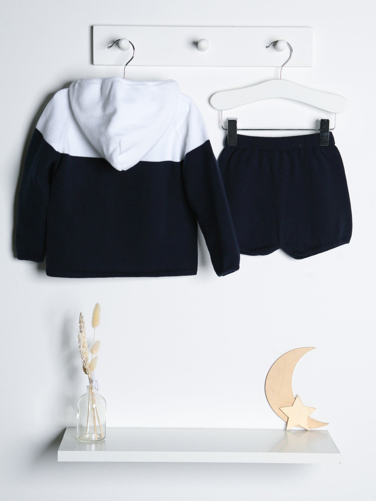 'Flynn' Navy & White Knitted Hooded Short Set - Rose & Albert