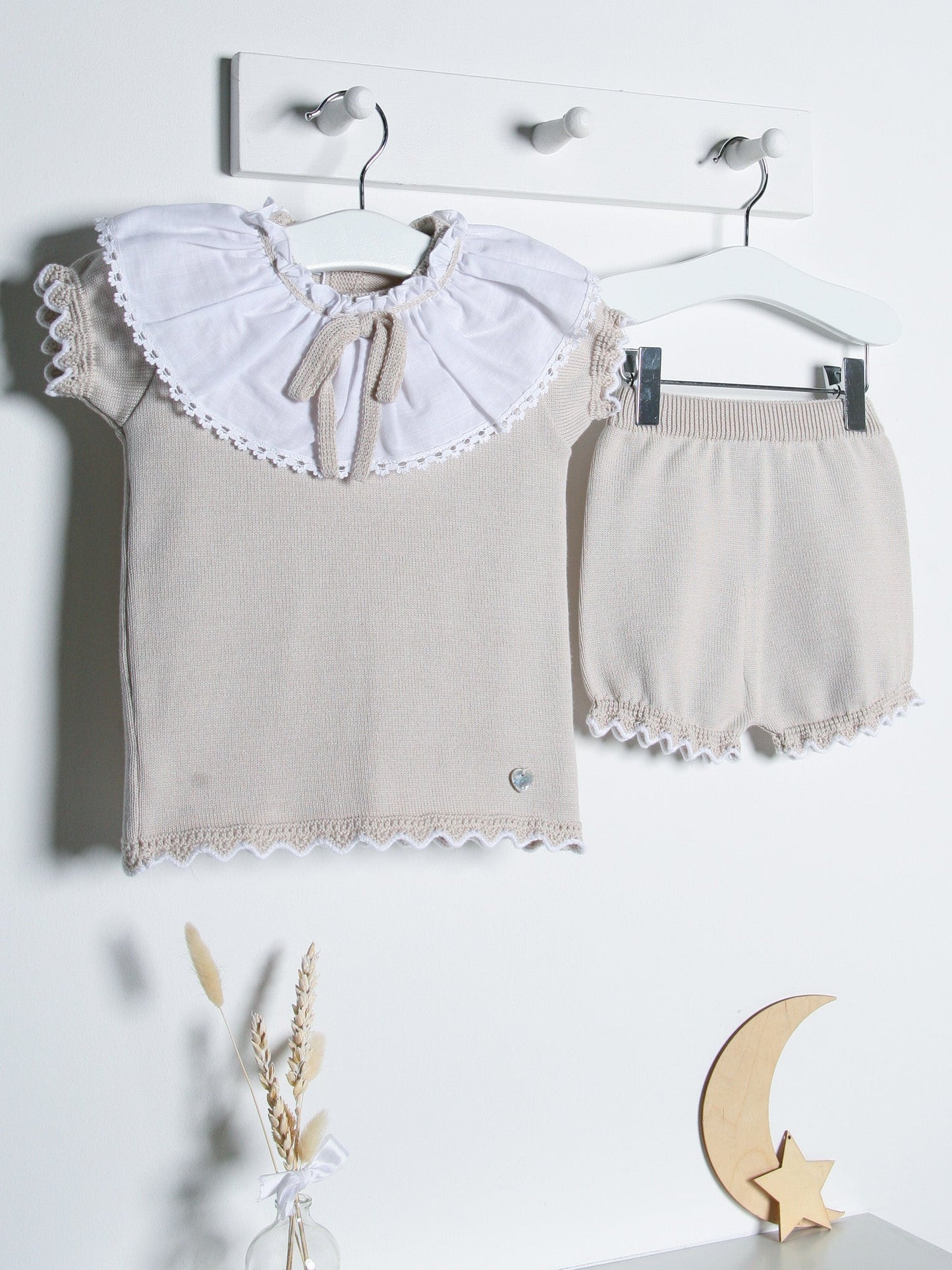 'Emily' beige knitted statement collar short set - Rose & Albert