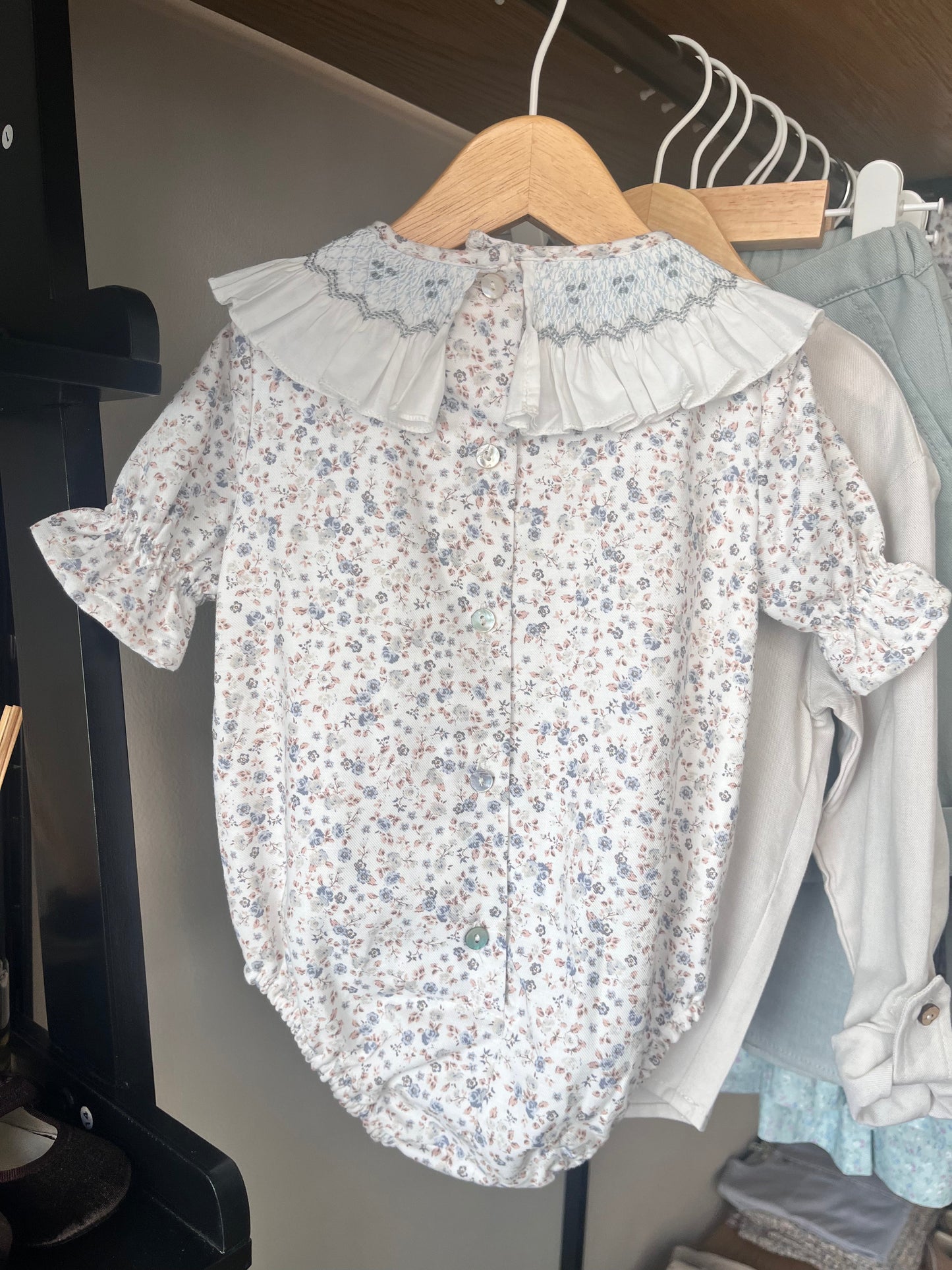 Embroidered ruffle-collar romper