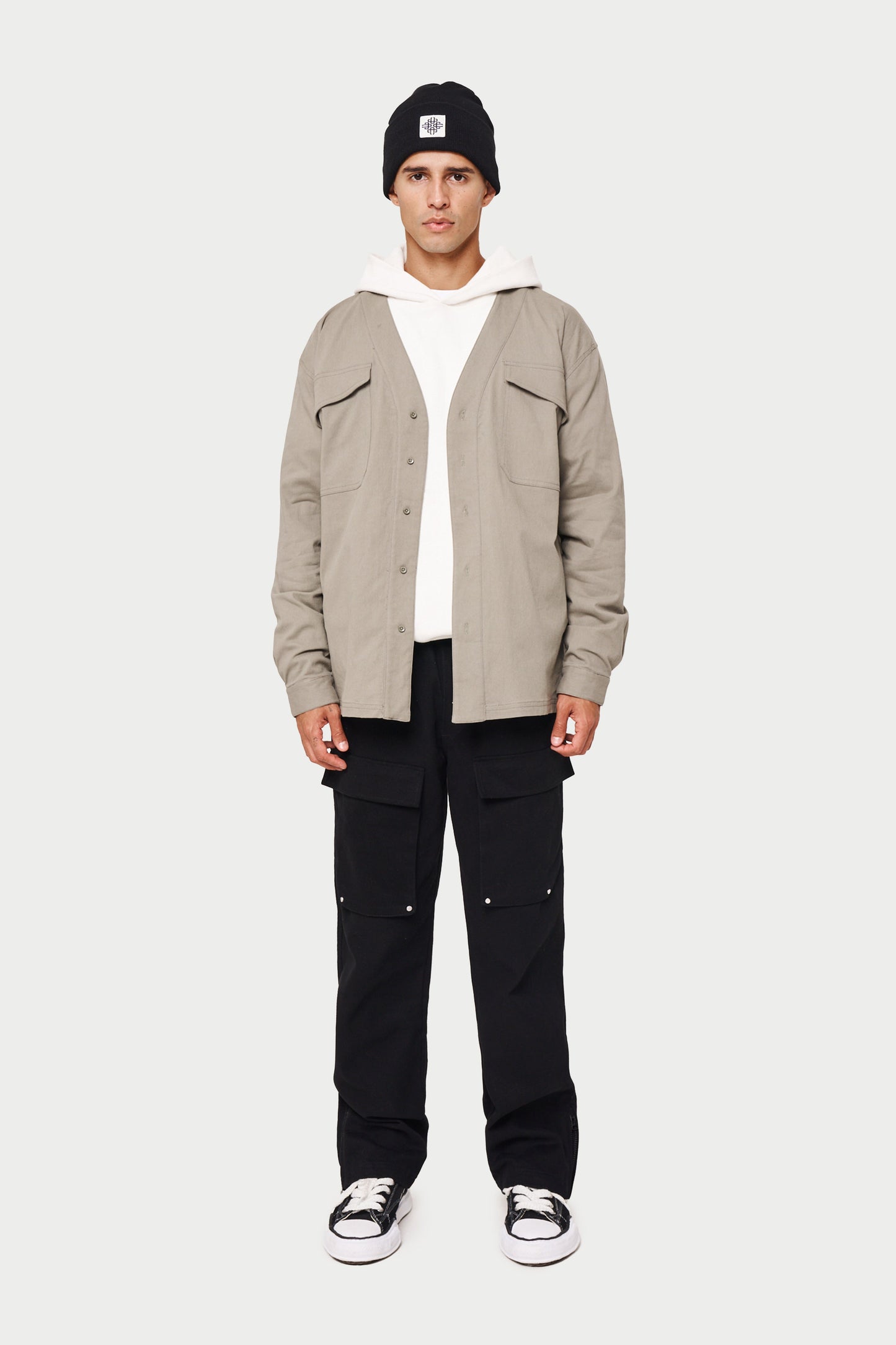 COLLARLESS STITCH DETAIL SHIRT - KHAKI