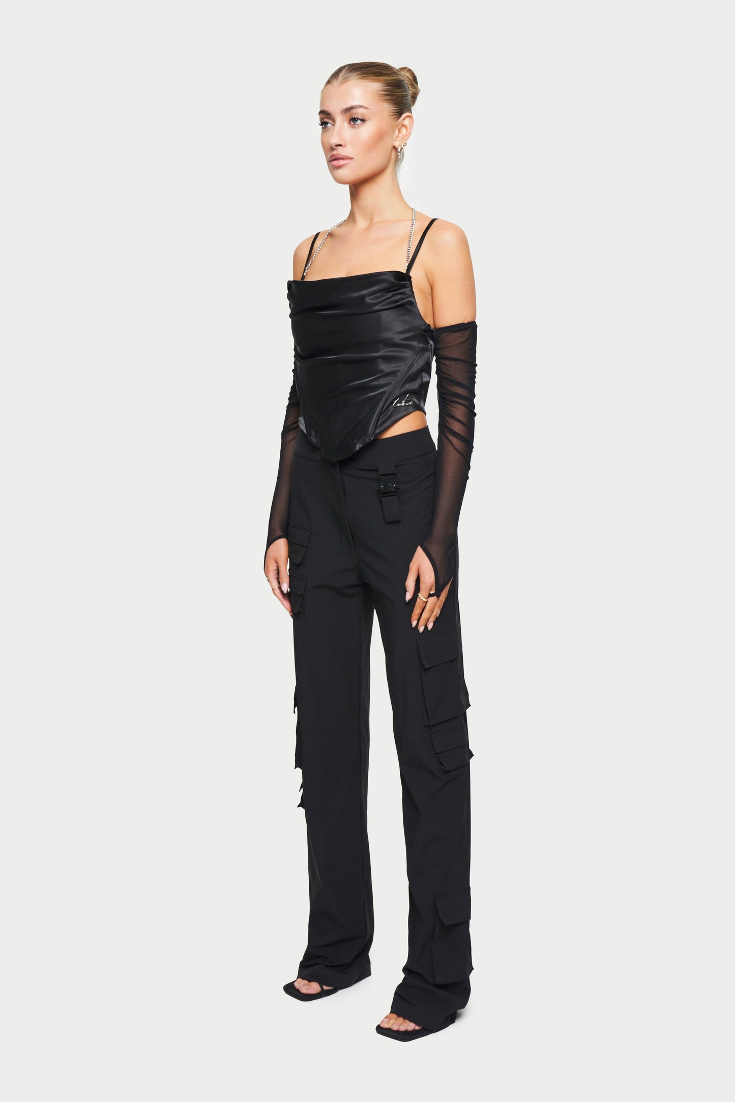 CORSET SATIN TOP WITH REMOVABLE MESH SLEEVES - BLACK