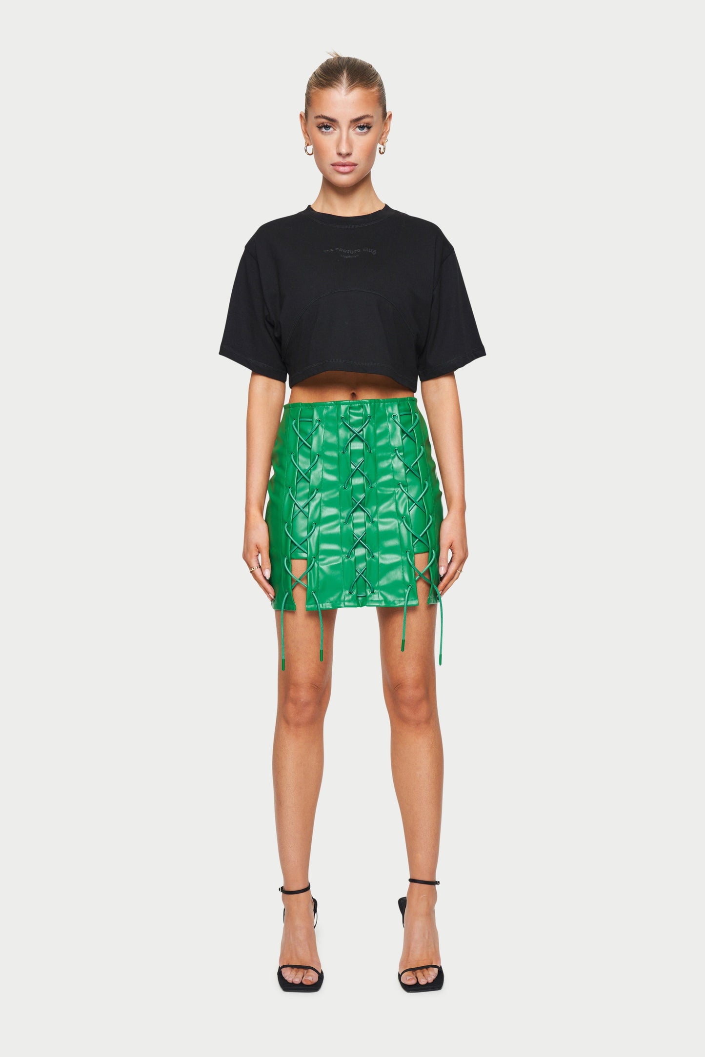 LACE UP VEGAN LEATHER SKIRT - GREEN *