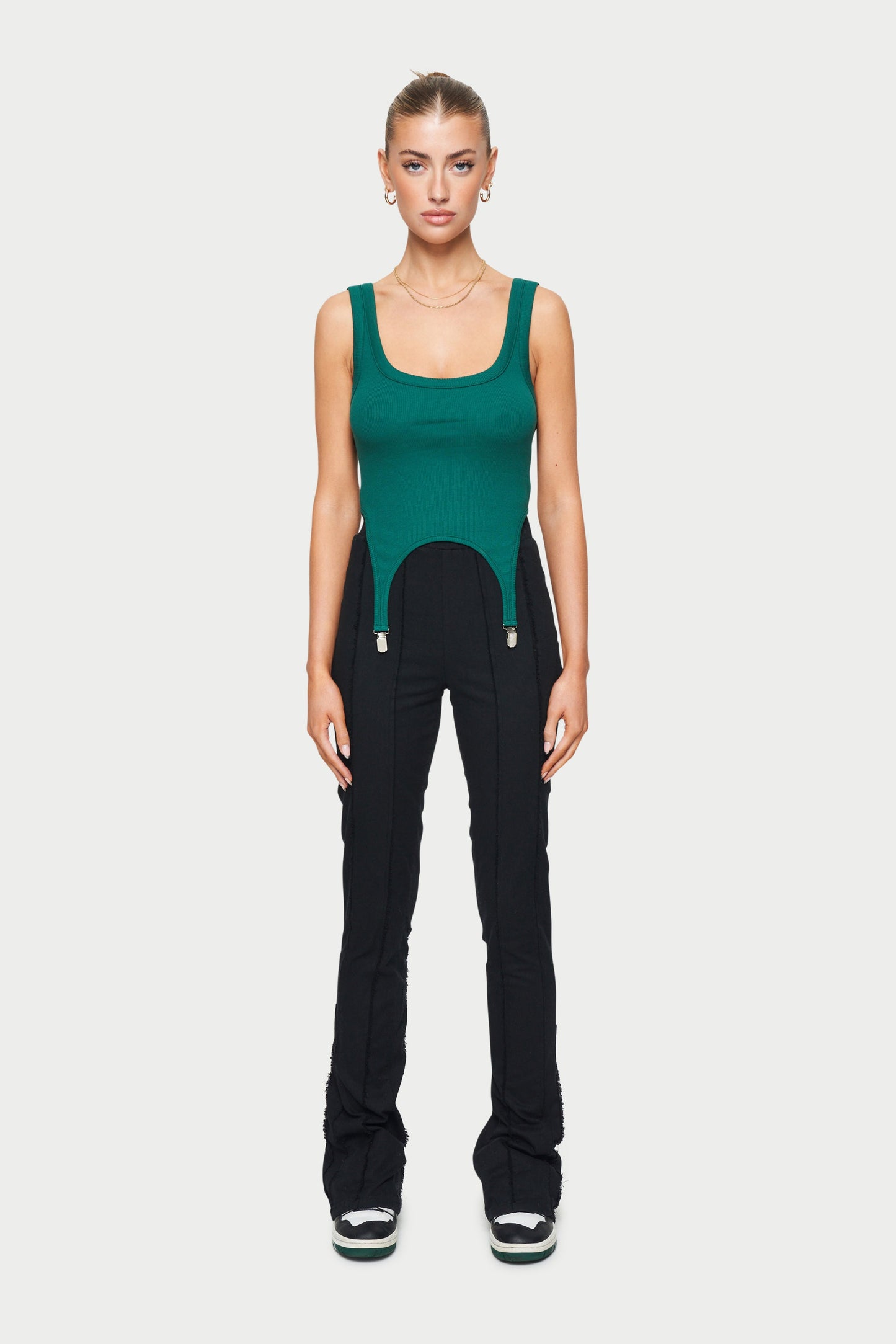 RIBBED SUSPENDER DETAIL VEST - GREEN