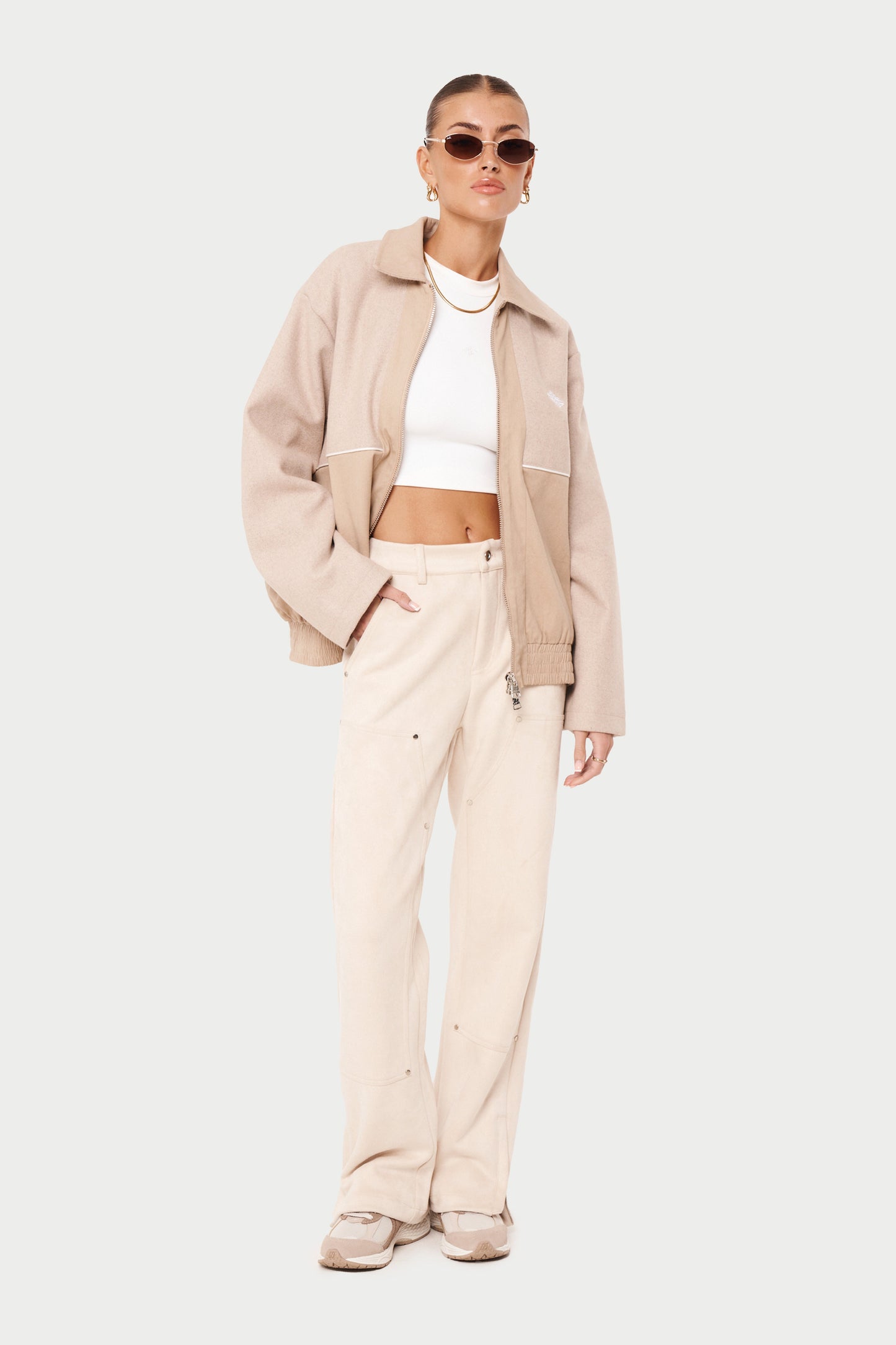 SUEDE CARPENTER STRAIGHT LEG TROUSERS - BEIGE