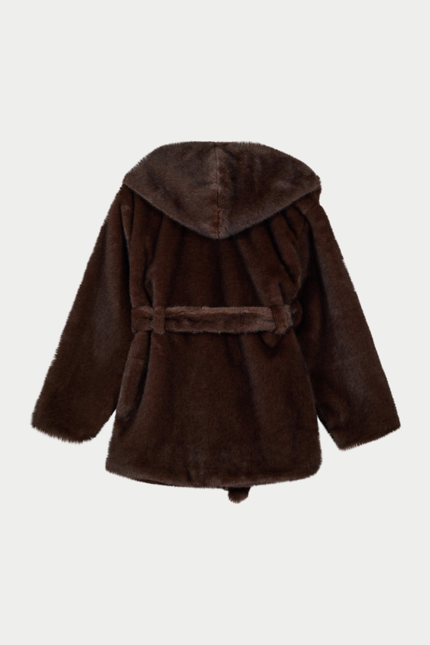 BELTED FAUX FUR HOODED COAT - CHOCOLATE
