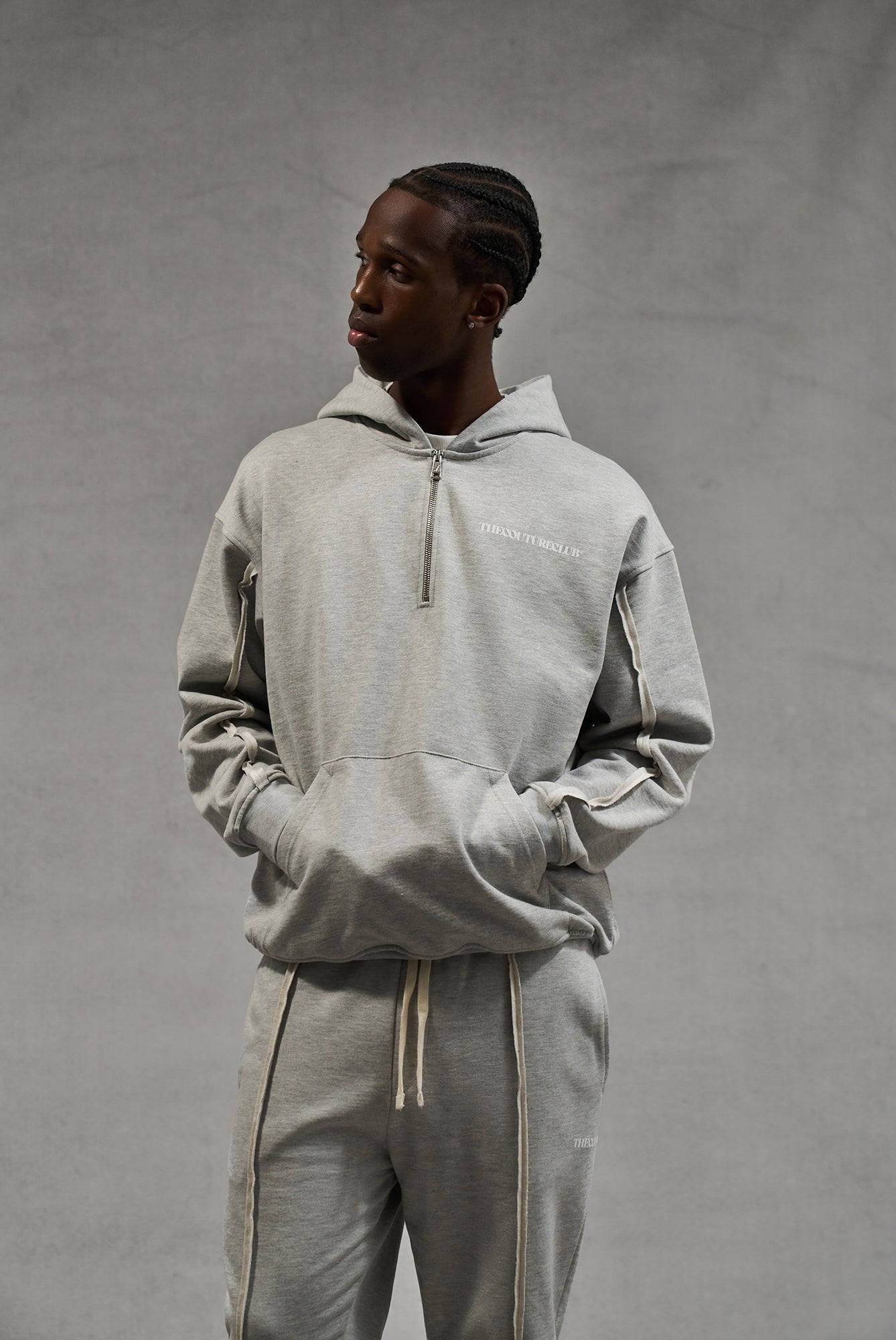 RAW SEAM QUARTER ZIP HOODIE - GREY MARL