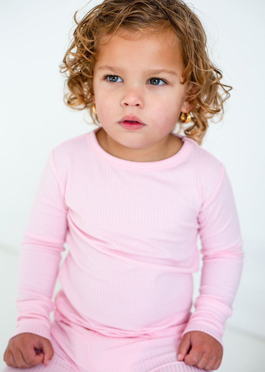 Ribbed Bamboo Two Piece Set Long Sleeve Pyjamas in Pink