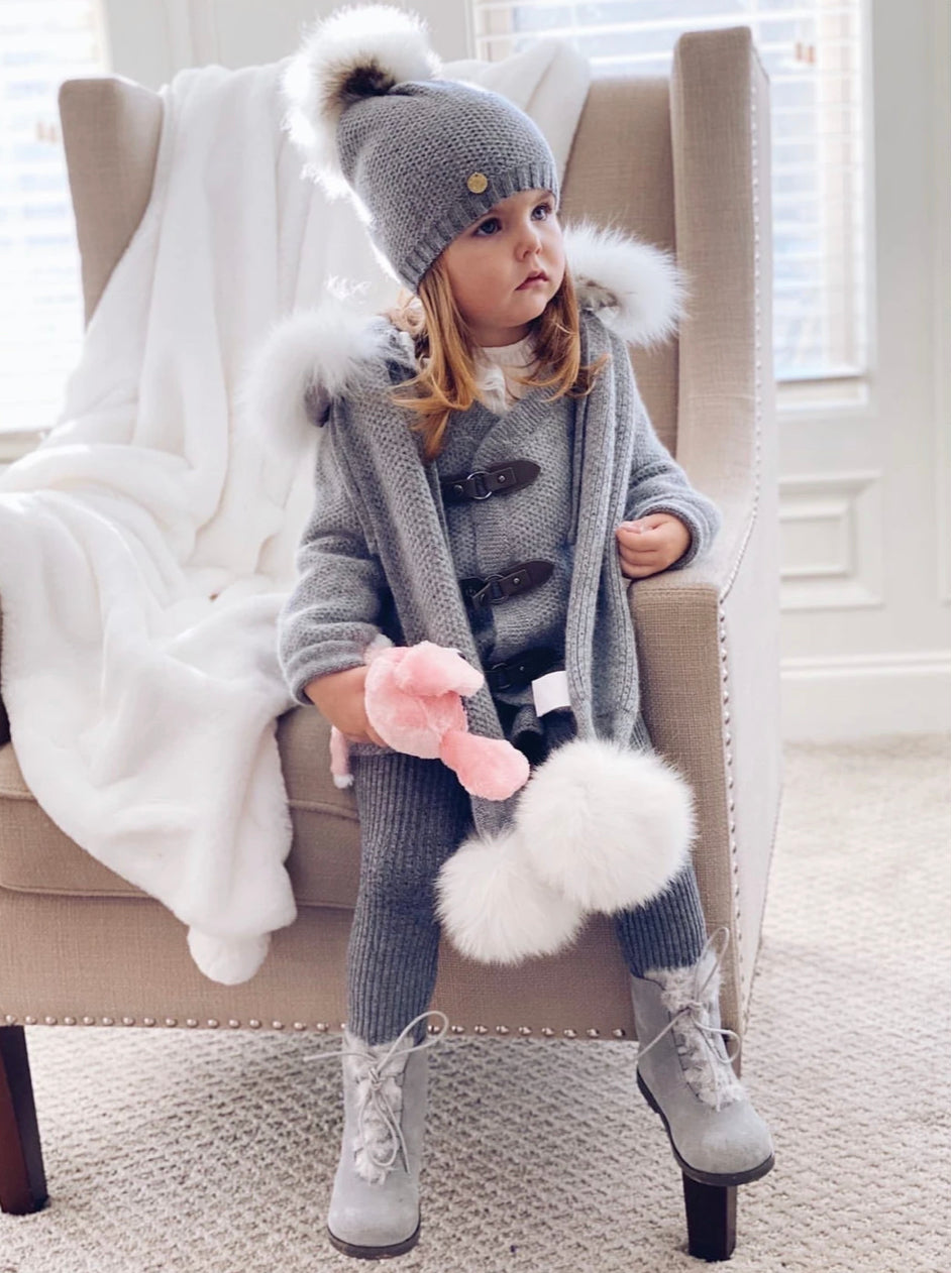 Petite Maison Kids Grey Cashmere scarf with fur poms - Rose & Albert