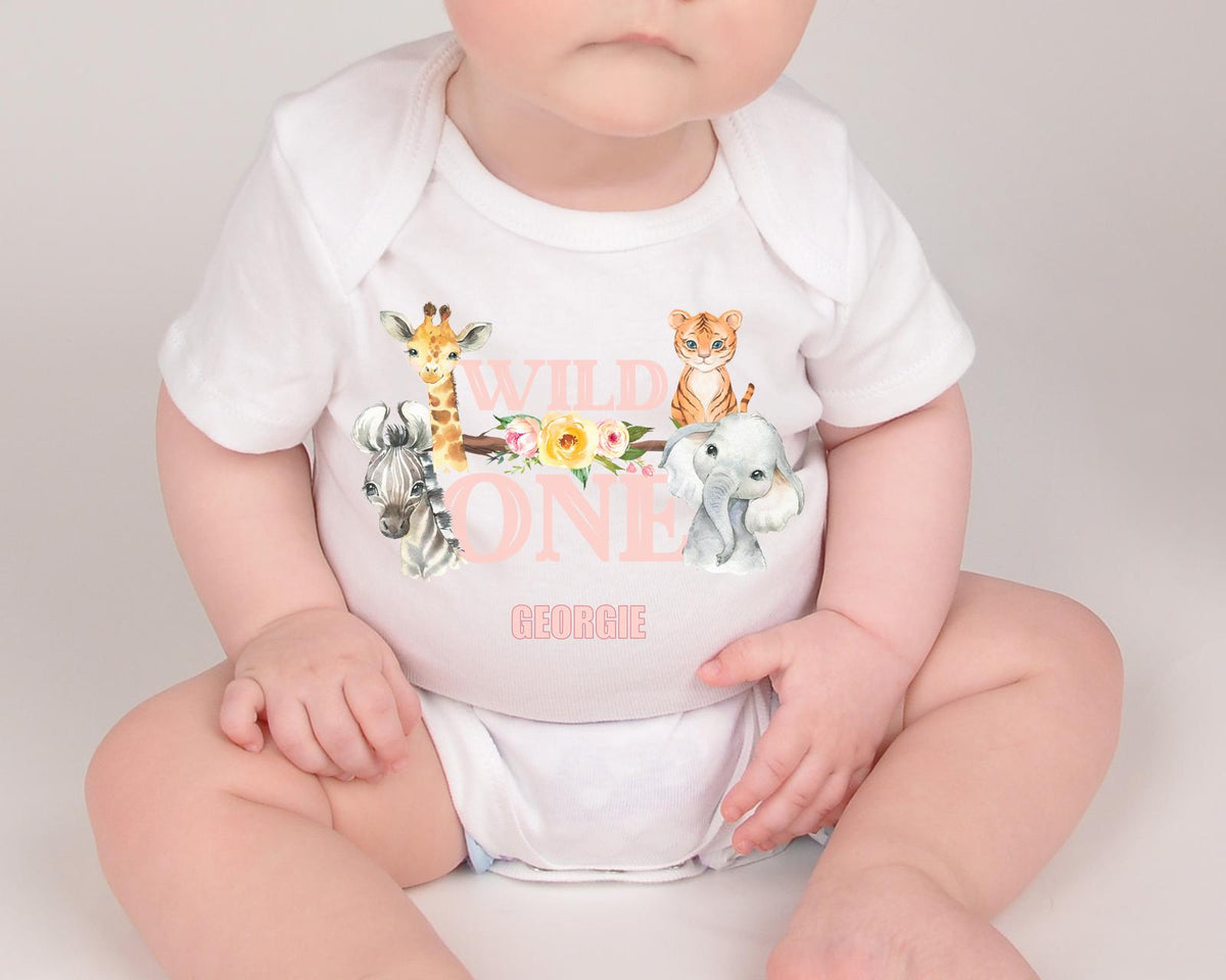 Girls Safari 'Wild One' Personalised Vest / Babygrow / Sleepsuit