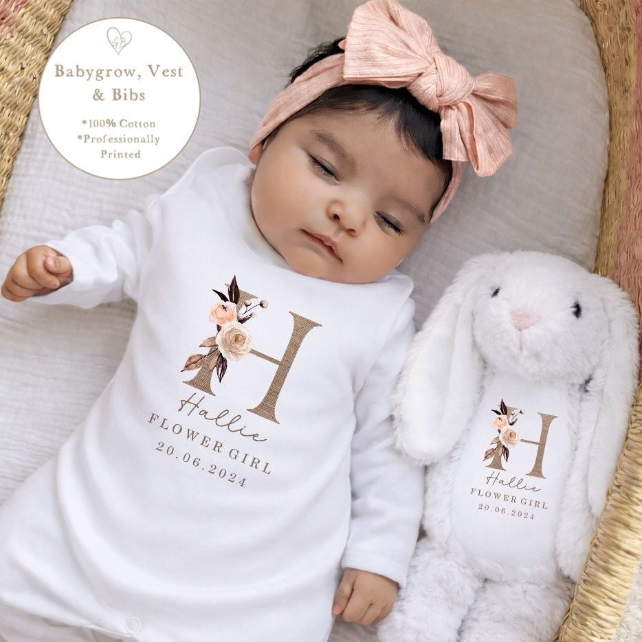 Personalised Flower Girl Babygrow / Short Sleeve Vest - Linen Initial Design