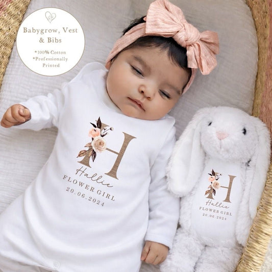 Personalised Flower Girl Babygrow / Short Sleeve Vest - Linen Initial Design
